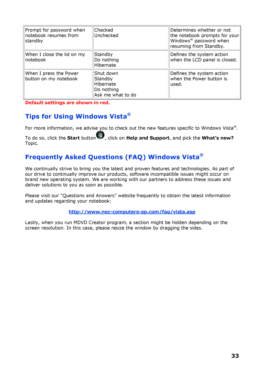 NEC P8510 manual Tips for Using Windows Vista, Frequently Asked Questions FAQ Windows Vista 