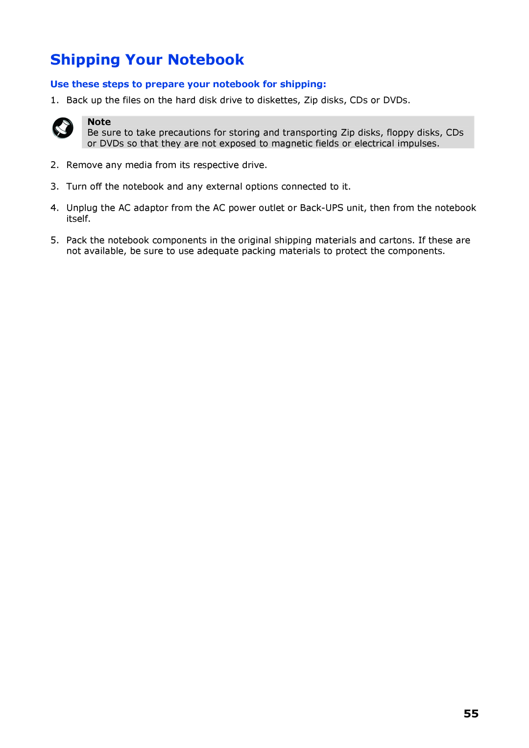 NEC P8510 manual Shipping Your Notebook, Use these steps to prepare your notebook for shipping 