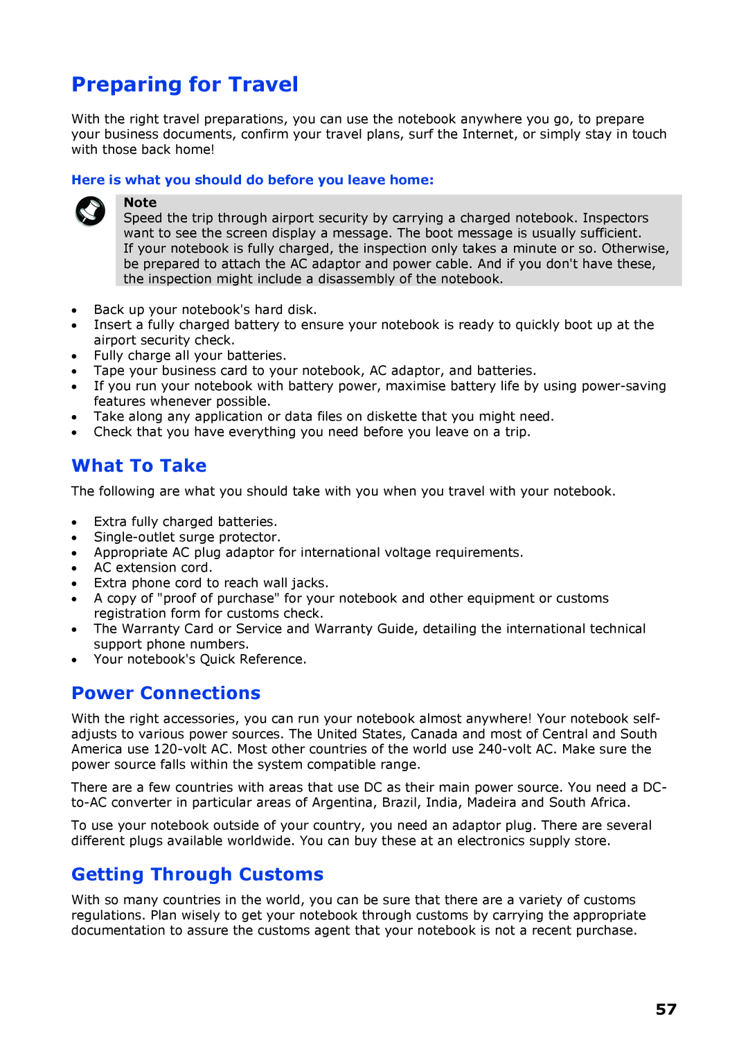 NEC P8510 manual Preparing for Travel, What To Take, Power Connections, Getting Through Customs 