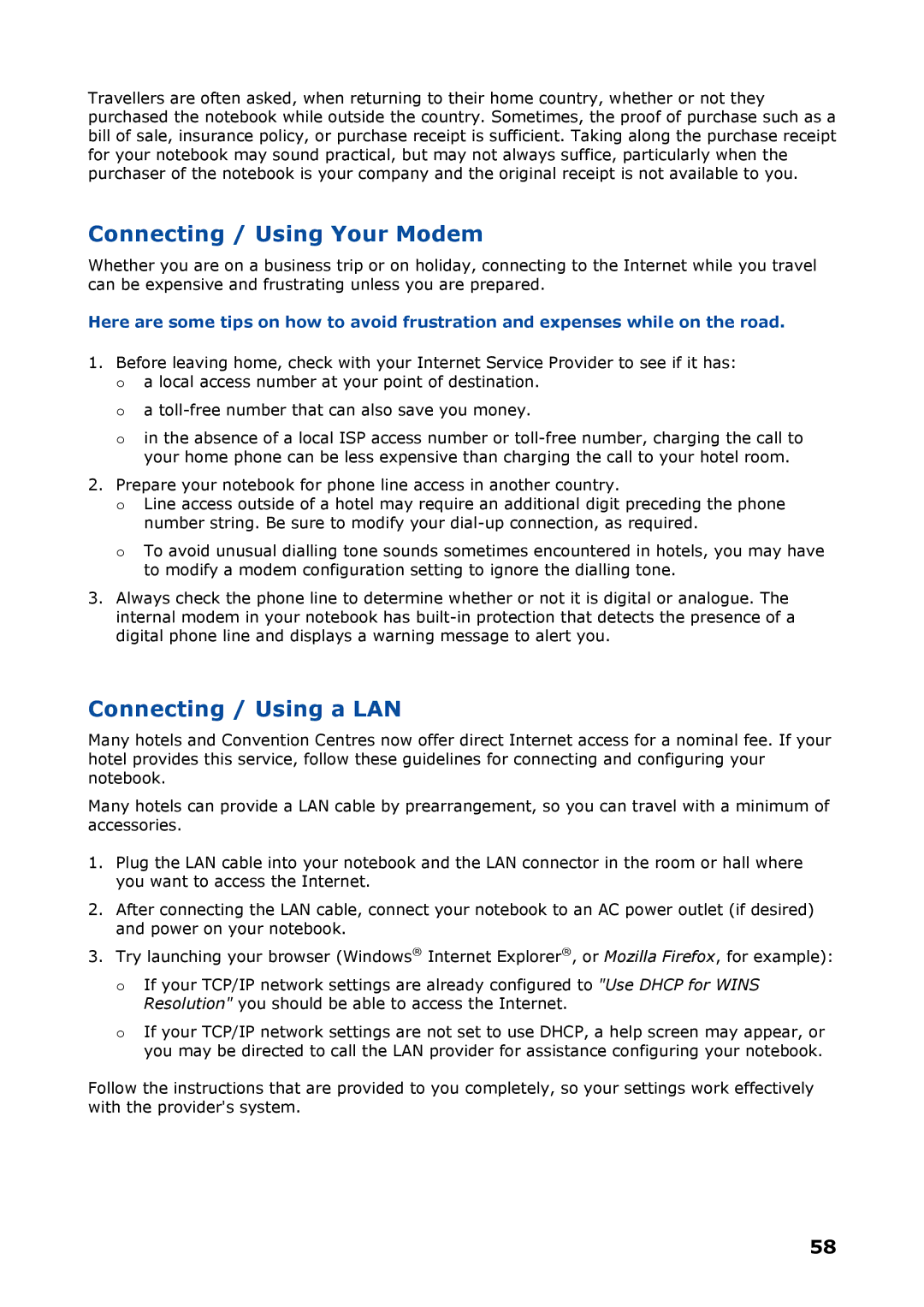 NEC P8510 manual Connecting / Using Your Modem, Connecting / Using a LAN 