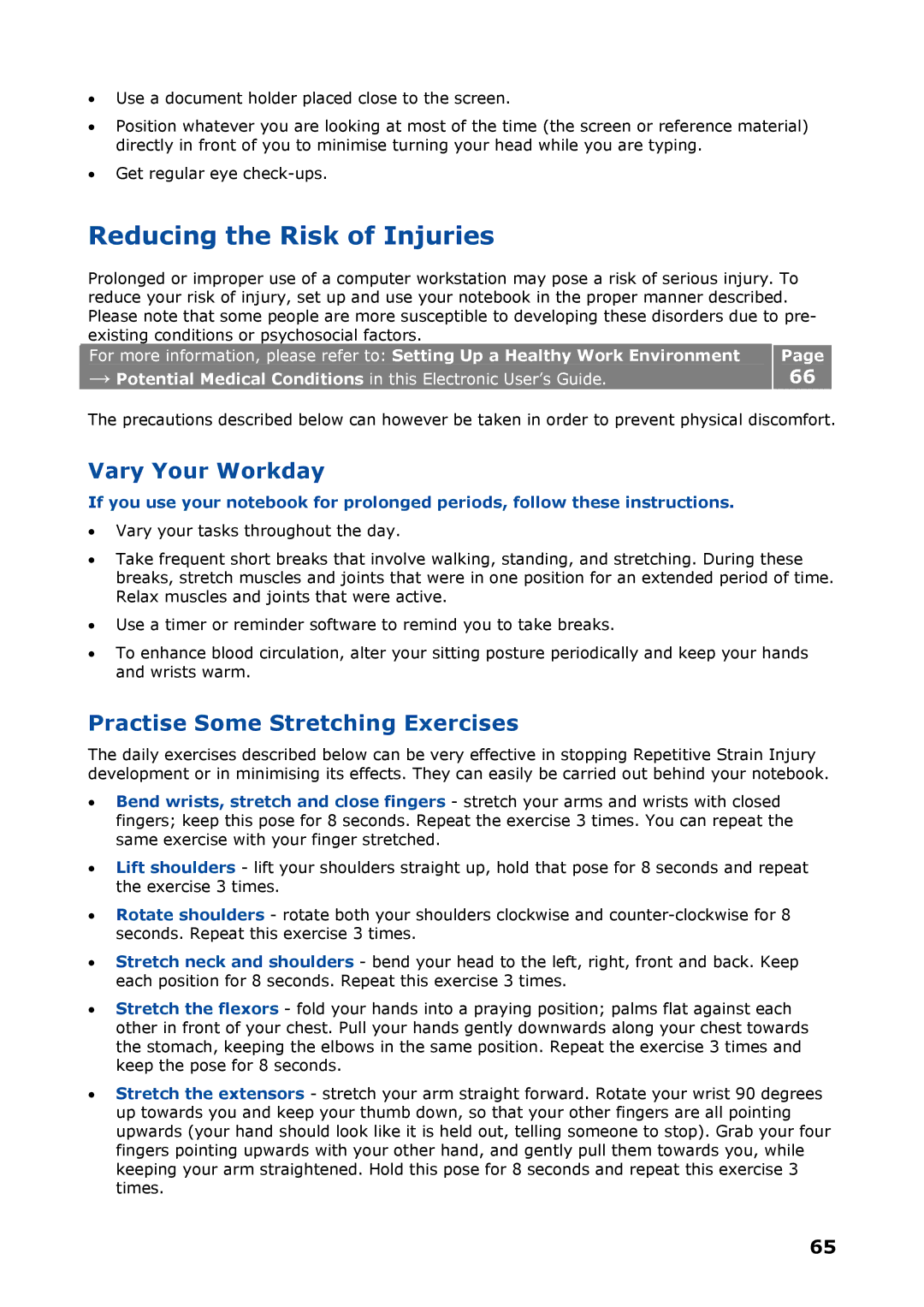 NEC P8510 manual Reducing the Risk of Injuries, Vary Your Workday, Practise Some Stretching Exercises 