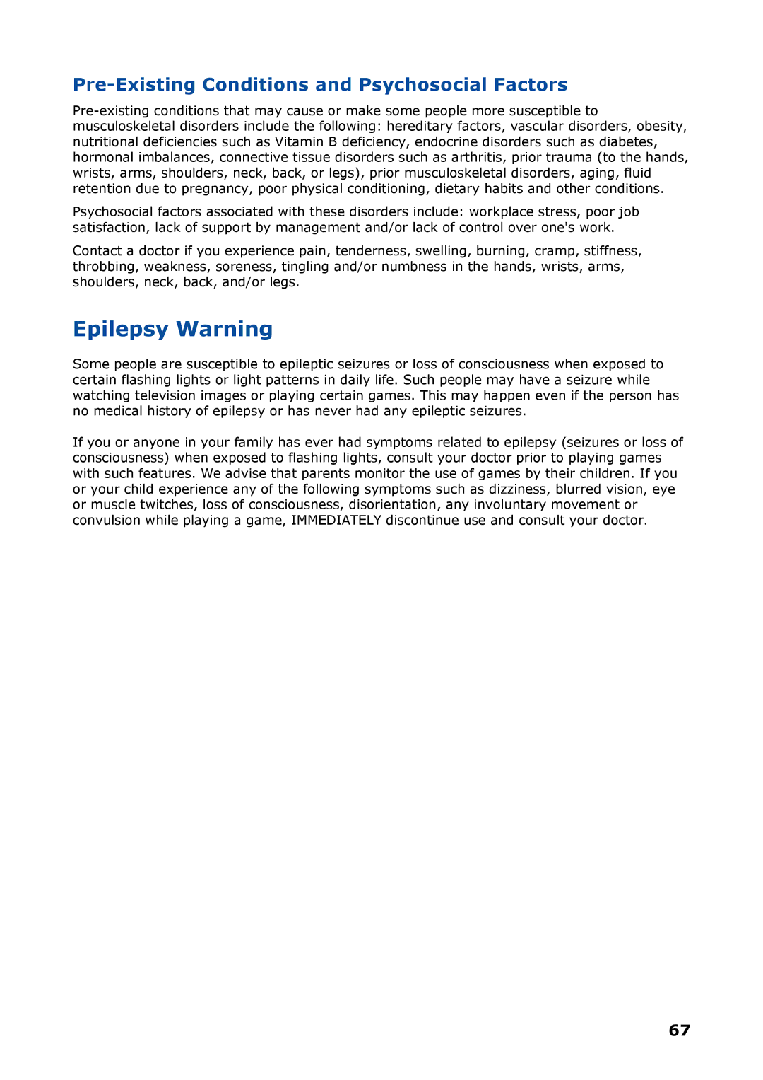 NEC P8510 manual Epilepsy Warning, Pre-Existing Conditions and Psychosocial Factors 