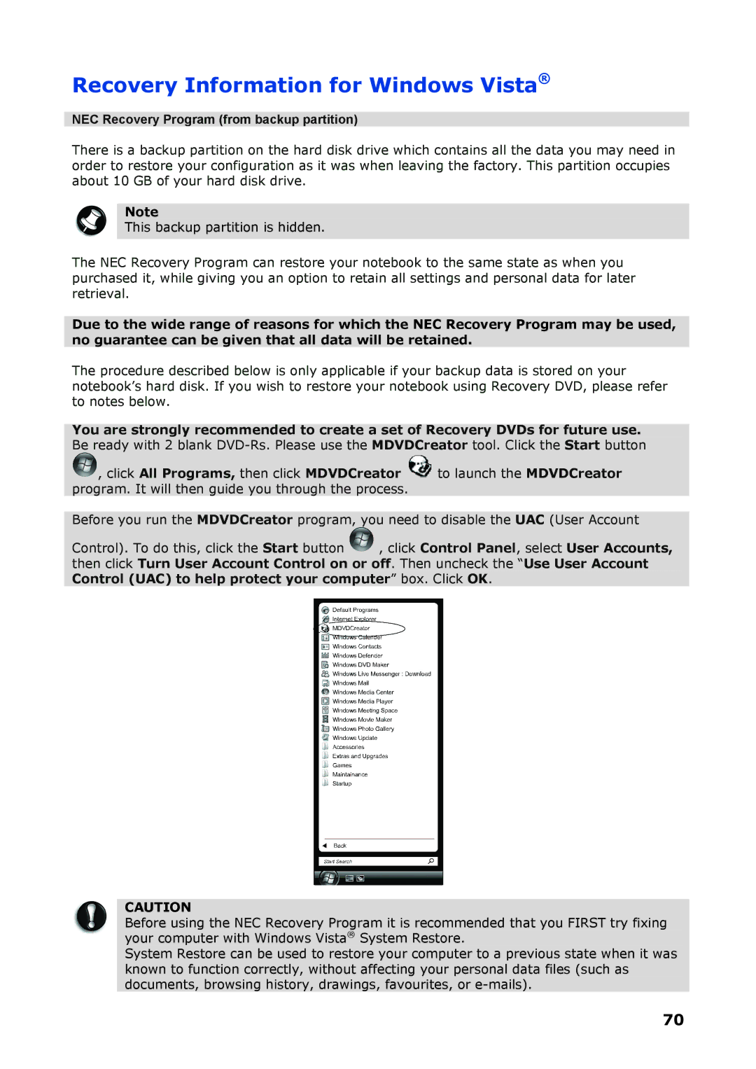 NEC P8510 manual Recovery Information for Windows Vista, NEC Recovery Program from backup partition 