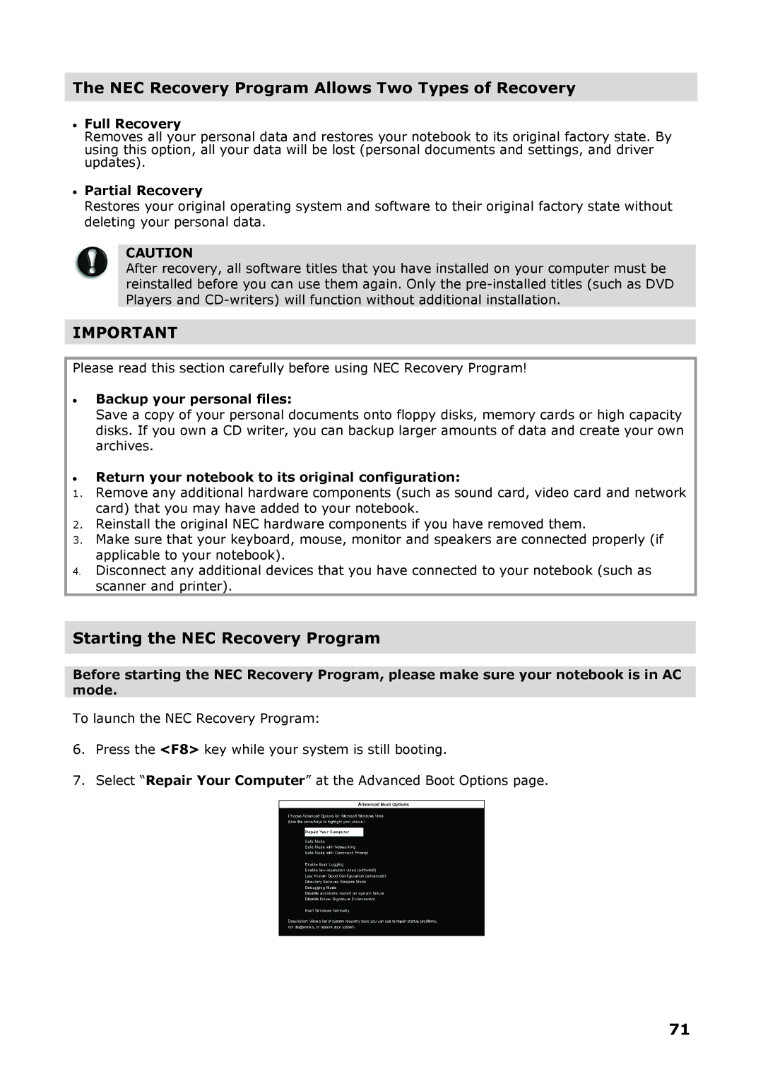 NEC P8510 Full Recovery, Partial Recovery, Backup your personal files, Return your notebook to its original configuration 