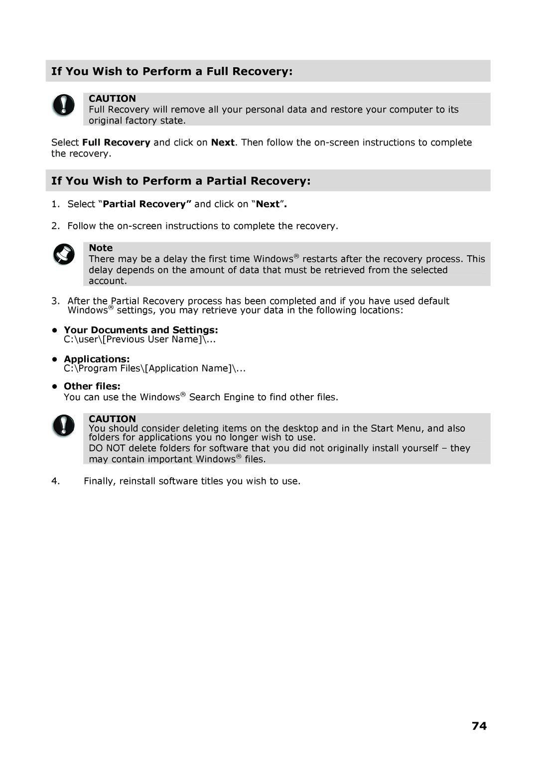 NEC P8510 manual If You Wish to Perform a Full Recovery, Other files 