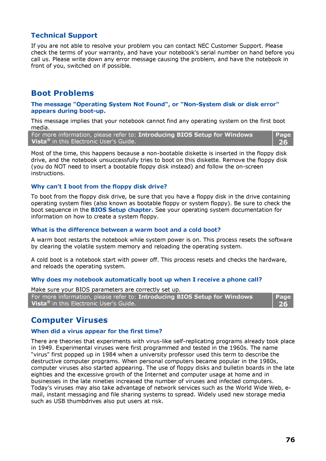 NEC P8510 manual Boot Problems, Computer Viruses, Technical Support 