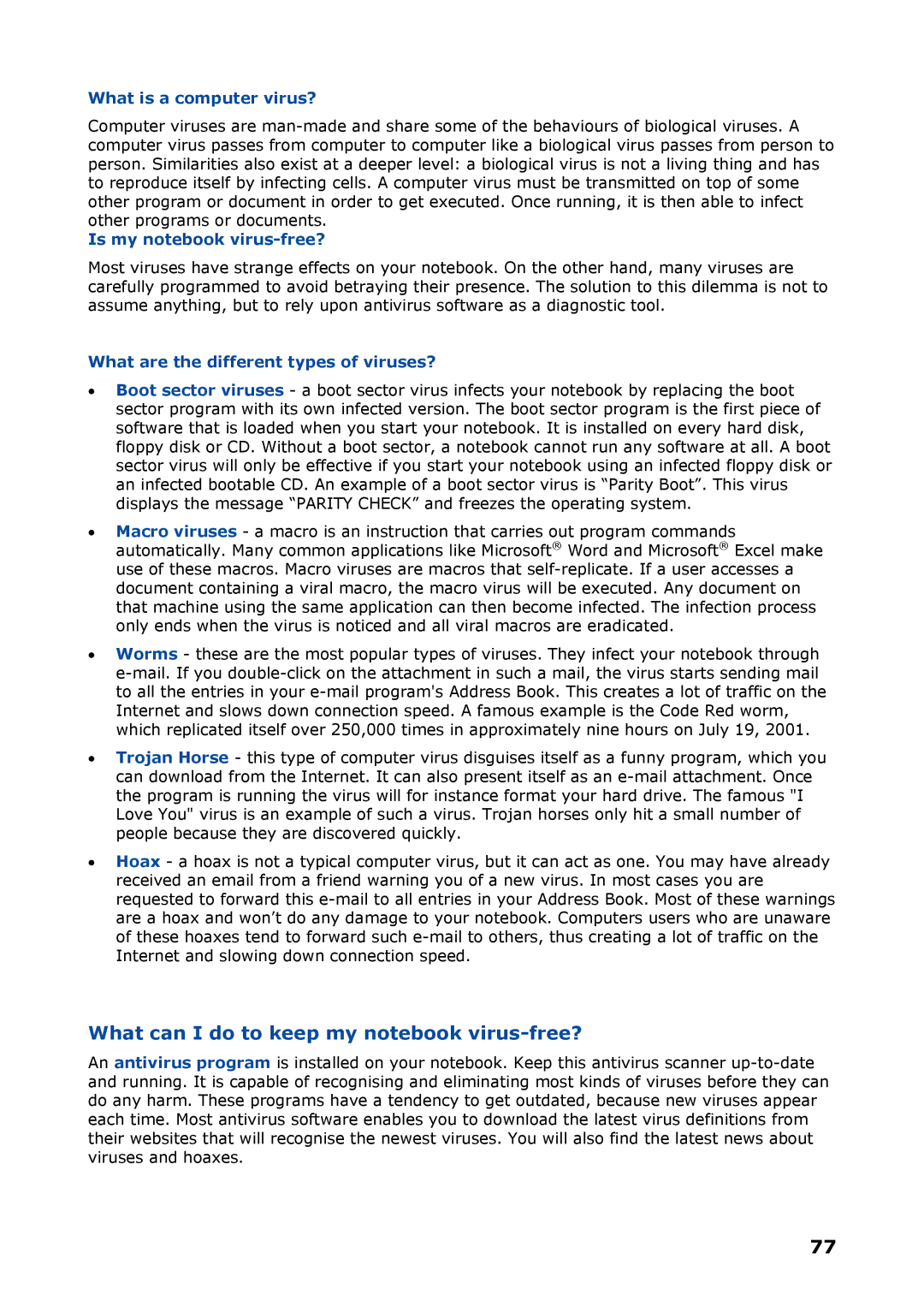 NEC P8510 manual What can I do to keep my notebook virus-free?, What is a computer virus?, Is my notebook virus-free? 