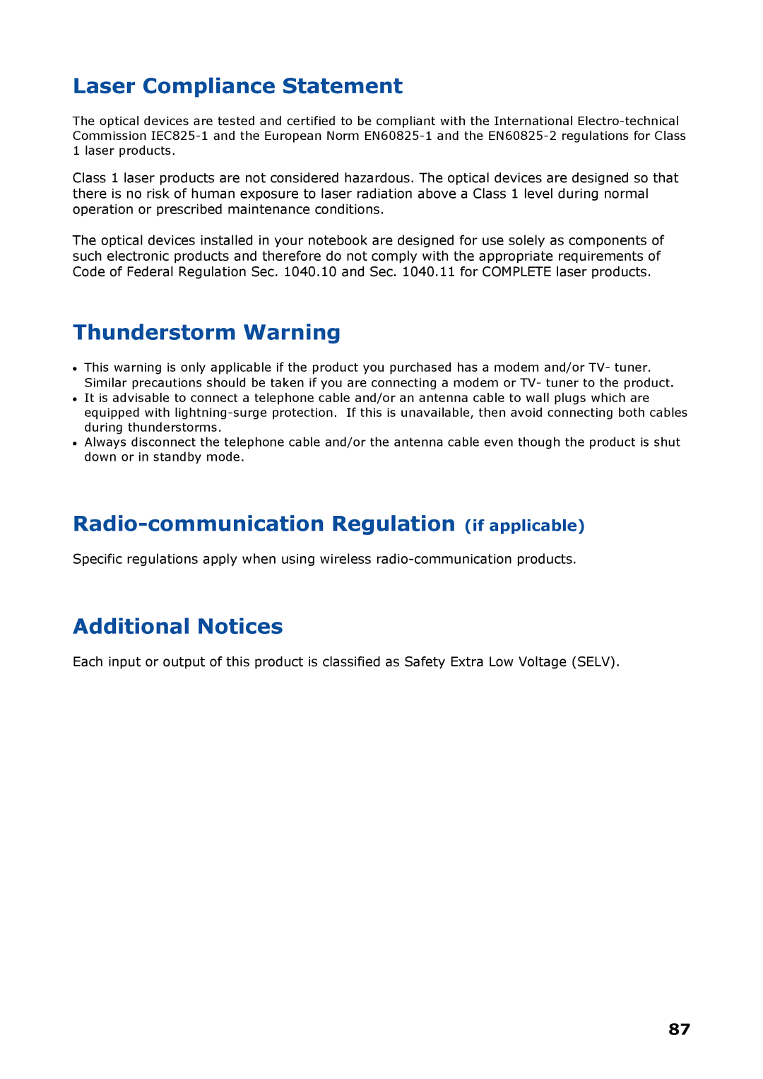 NEC P8510 manual Laser Compliance Statement, Thunderstorm Warning, Radio-communication Regulation if applicable 