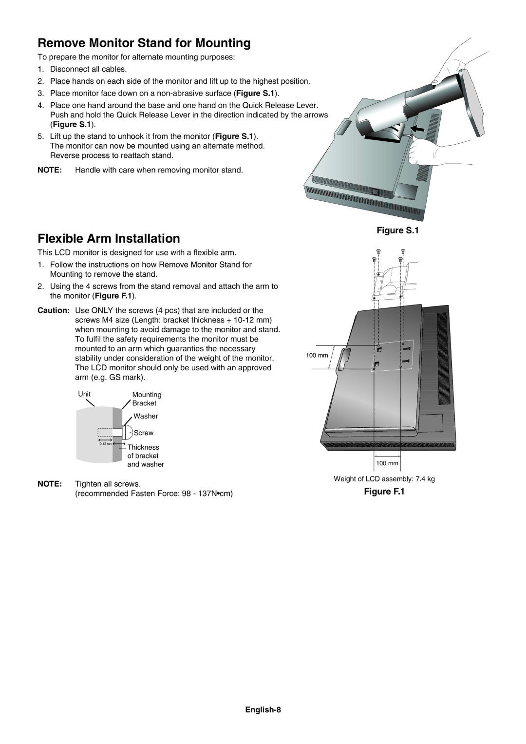 NEC PA241W Remove Monitor Stand for Mounting, Flexible Arm Installation, Recommended Fasten Force 98 137Ncm, English-8 