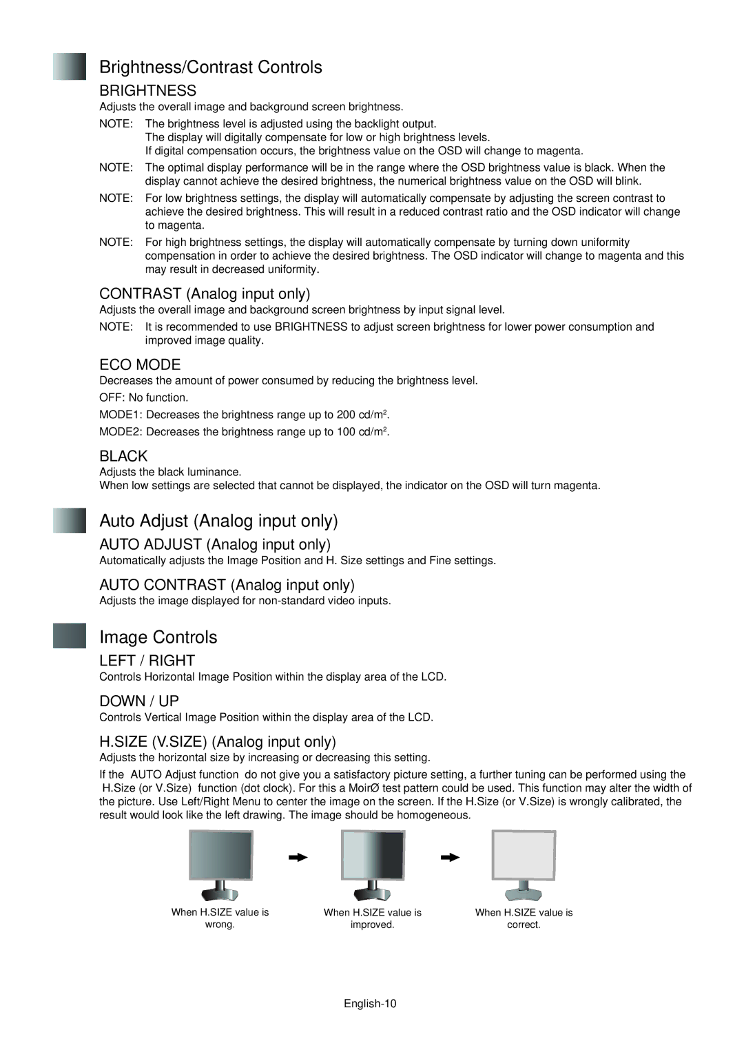 NEC PA241W user manual Brightness/Contrast Controls, Auto Adjust Analog input only, Image Controls 