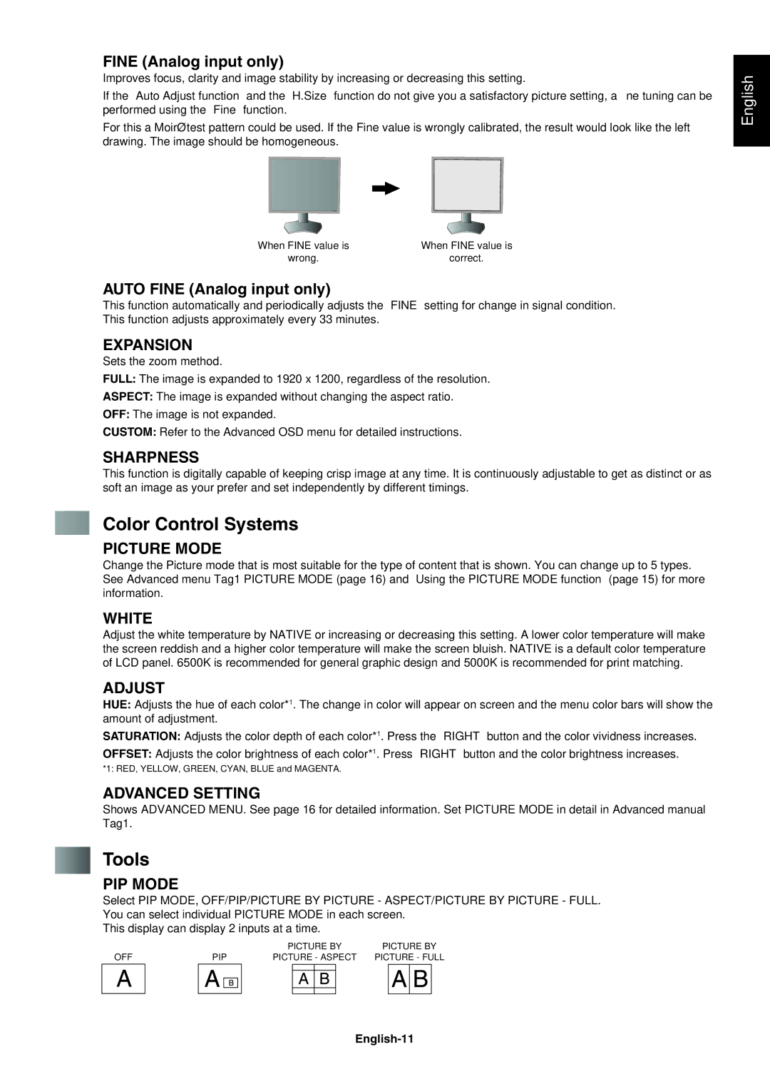 NEC PA241W user manual Color Control Systems, Tools, Auto Fine Analog input only, English-11 