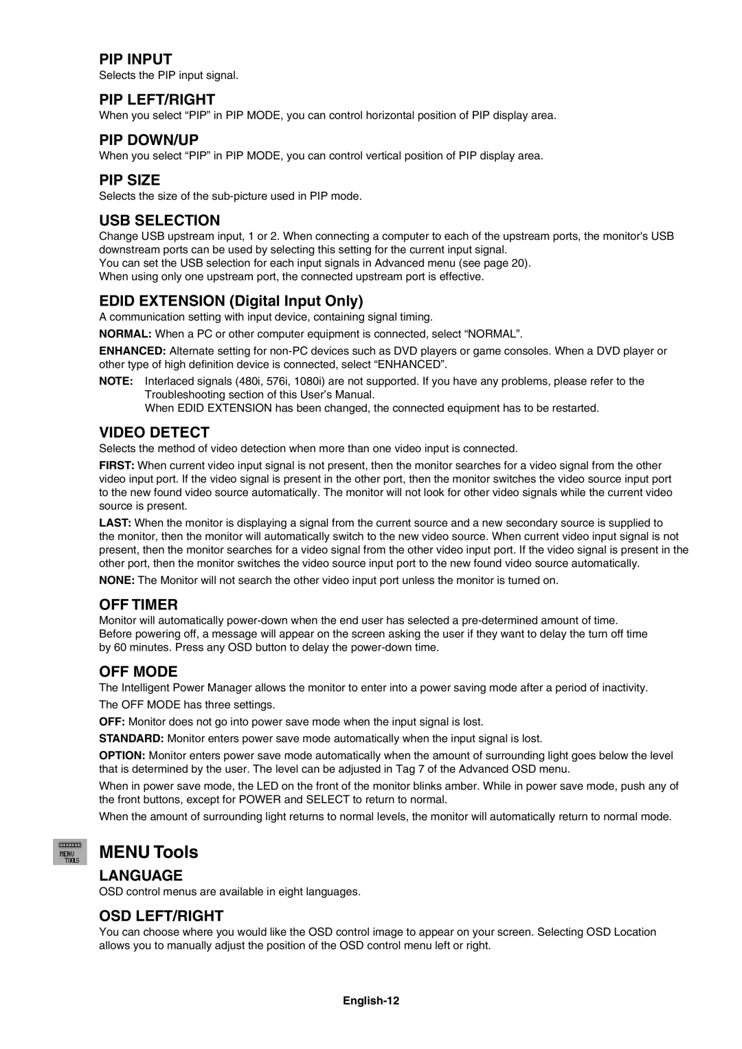 NEC PA241W user manual Menu Tools, Edid Extension Digital Input Only, English-12 