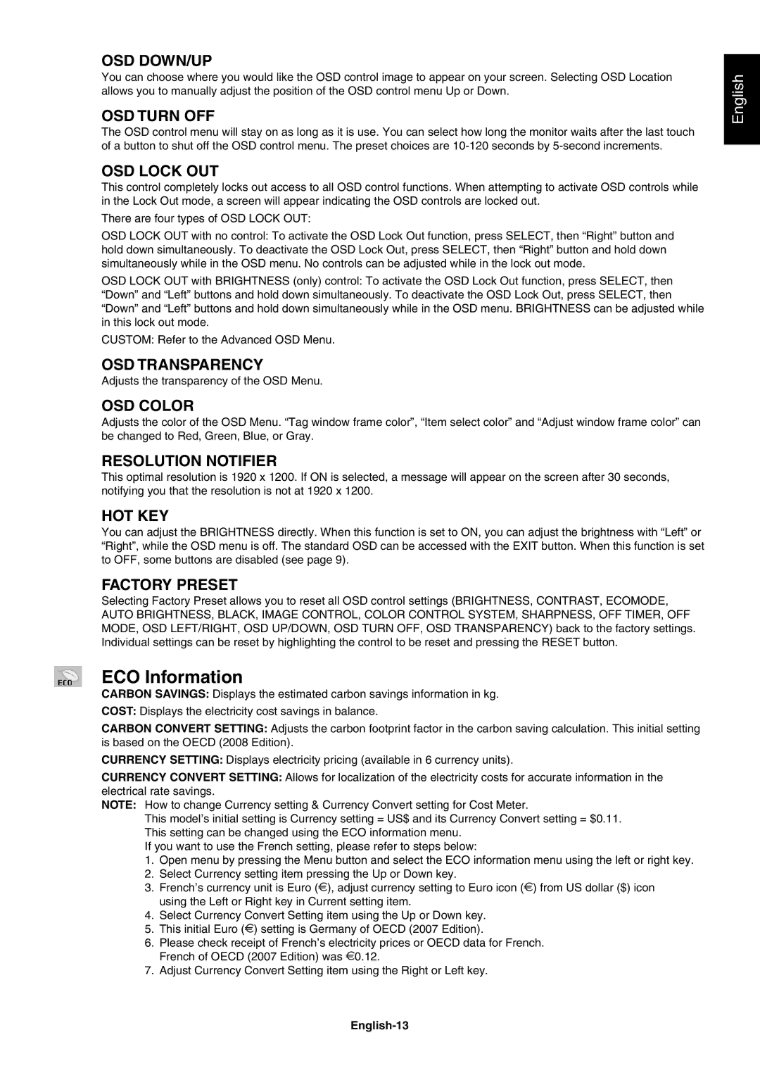 NEC PA241W user manual ECO Information, English-13 