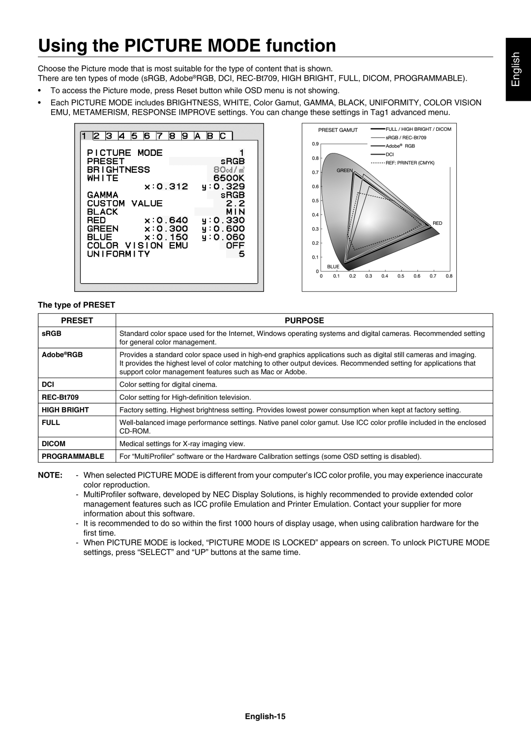 NEC PA241W user manual Using the Picture Mode function, Type of Preset, English-15 