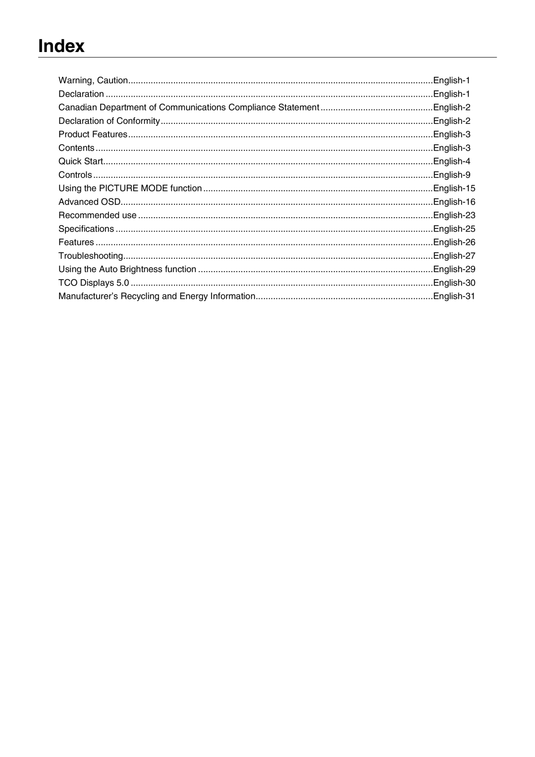 NEC PA241W user manual Index, English-31 