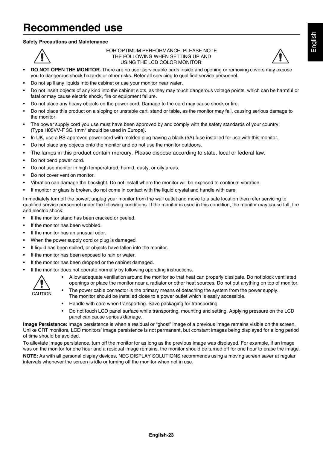 NEC PA241W user manual Recommended use, Safety Precautions and Maintenance, English-23 