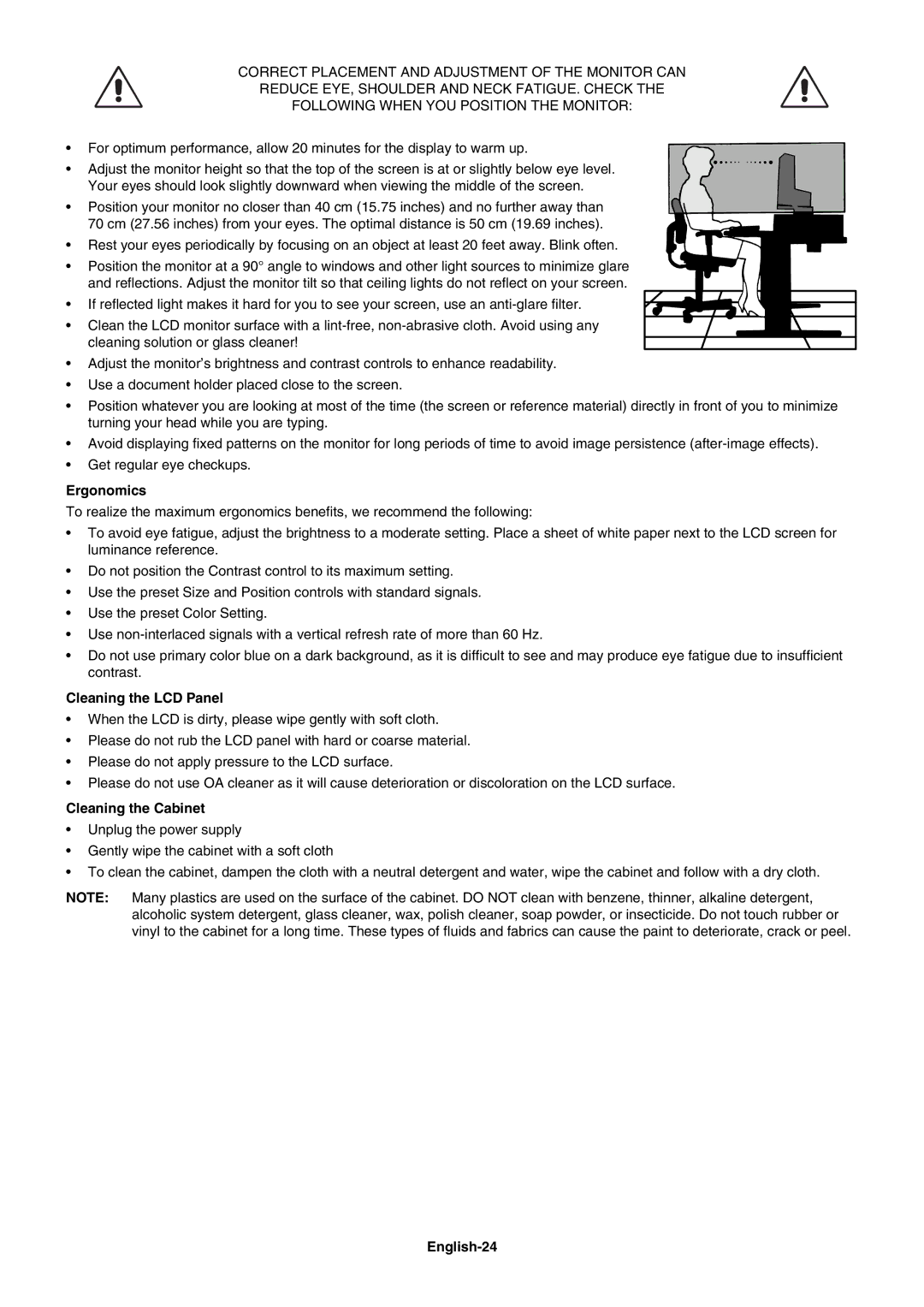 NEC PA241W user manual Ergonomics, Cleaning the LCD Panel, Cleaning the Cabinet, English-24 