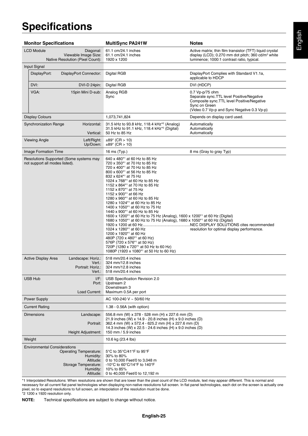 NEC user manual Monitor Speciﬁcations MultiSync PA241W, English-25 