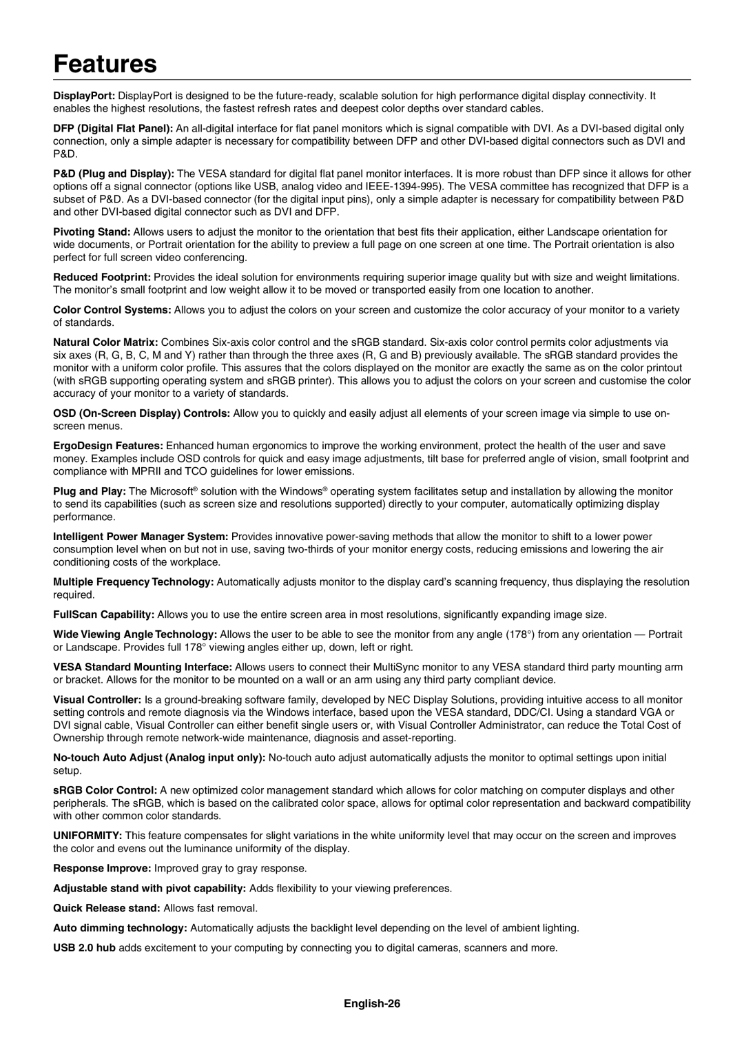 NEC PA241W user manual Features, English-26 