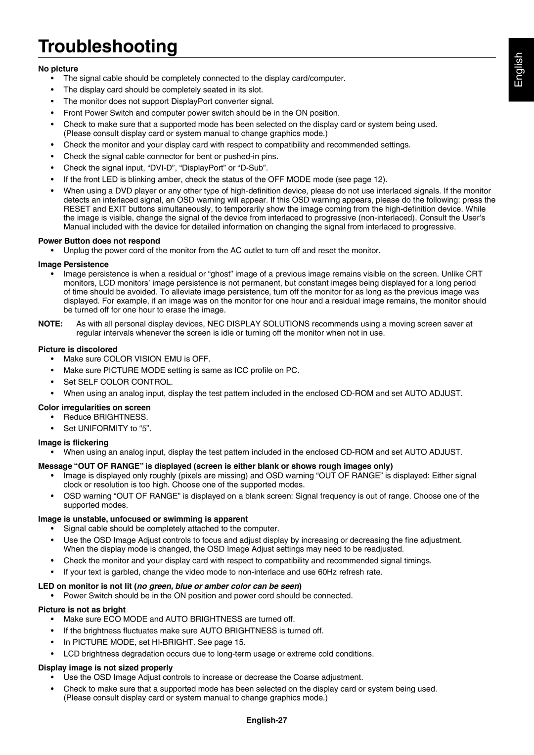 NEC PA241W user manual Troubleshooting 