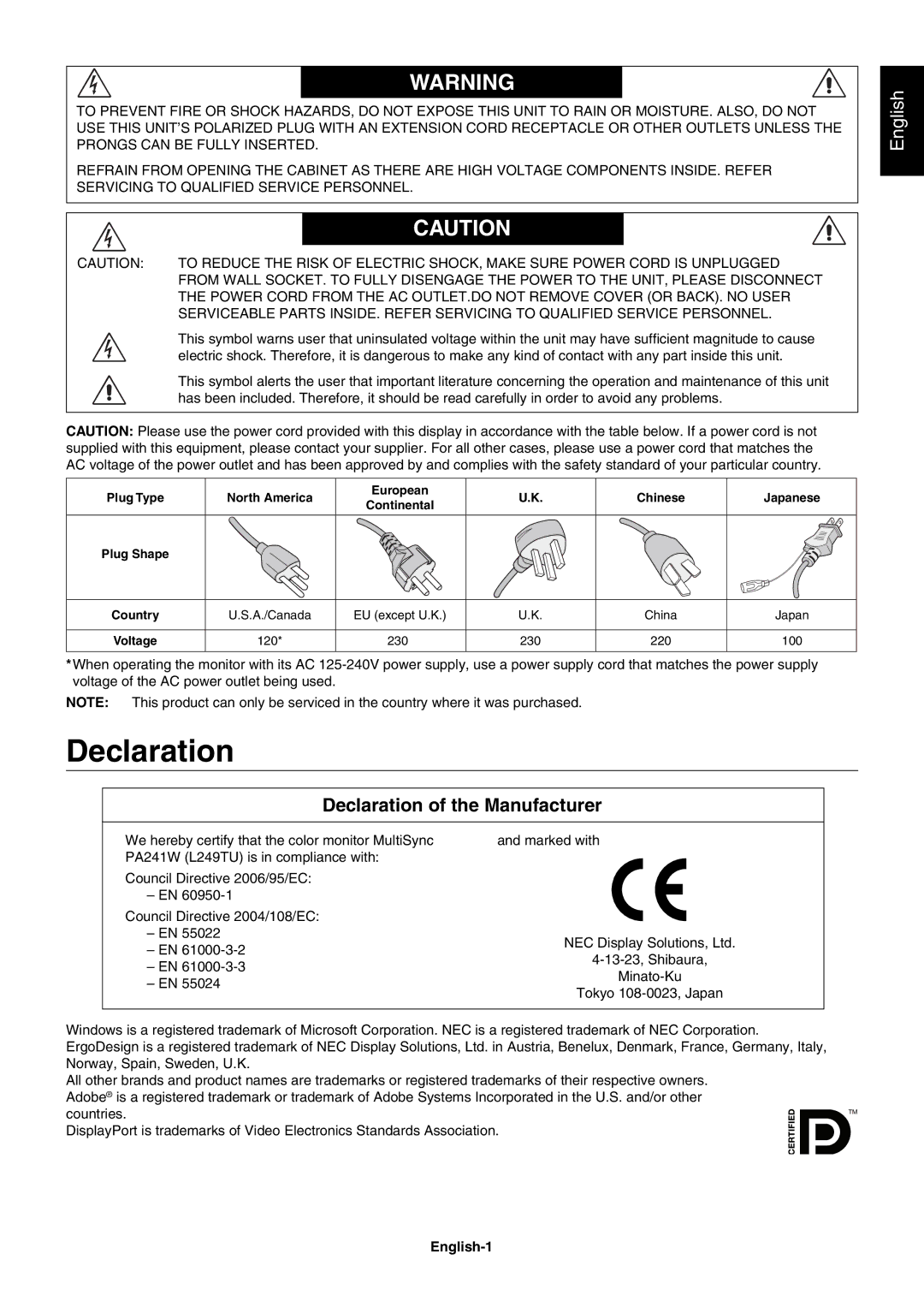 NEC PA241W user manual Declaration of the Manufacturer, English-1 