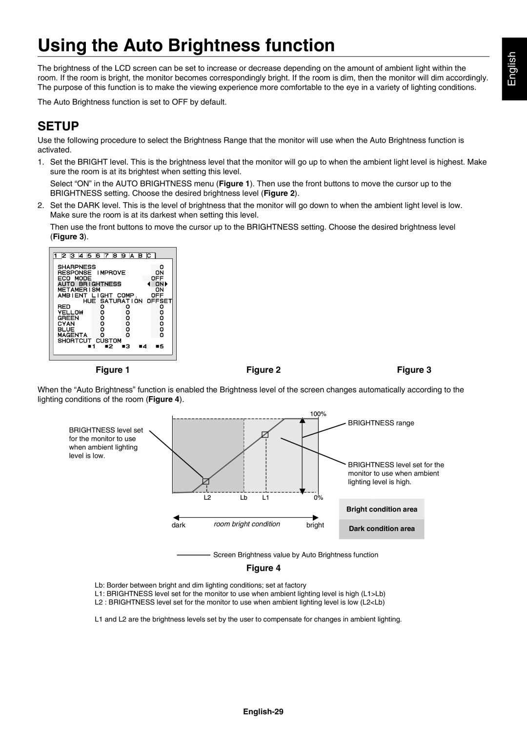 NEC PA241W user manual Using the Auto Brightness function, English-29 