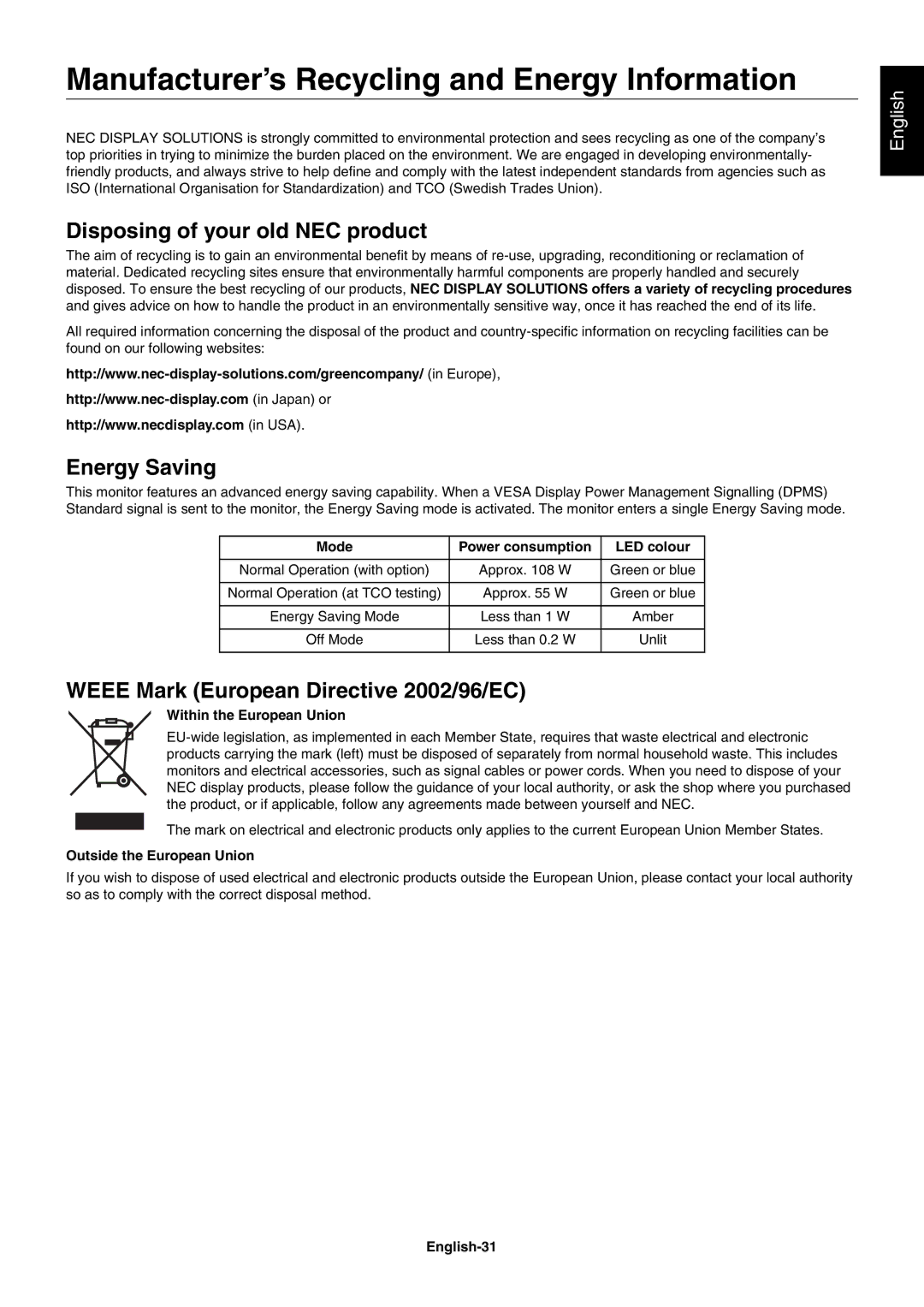 NEC PA241W user manual Manufacturer’s Recycling and Energy Information, Disposing of your old NEC product, Energy Saving 