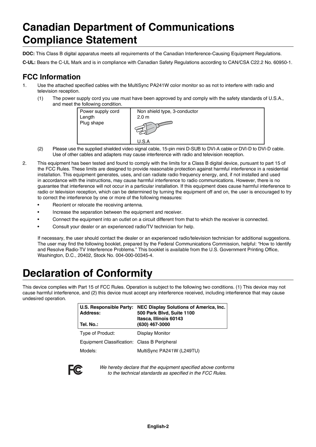 NEC PA241W Canadian Department of Communications Compliance Statement, Declaration of Conformity, FCC Information 