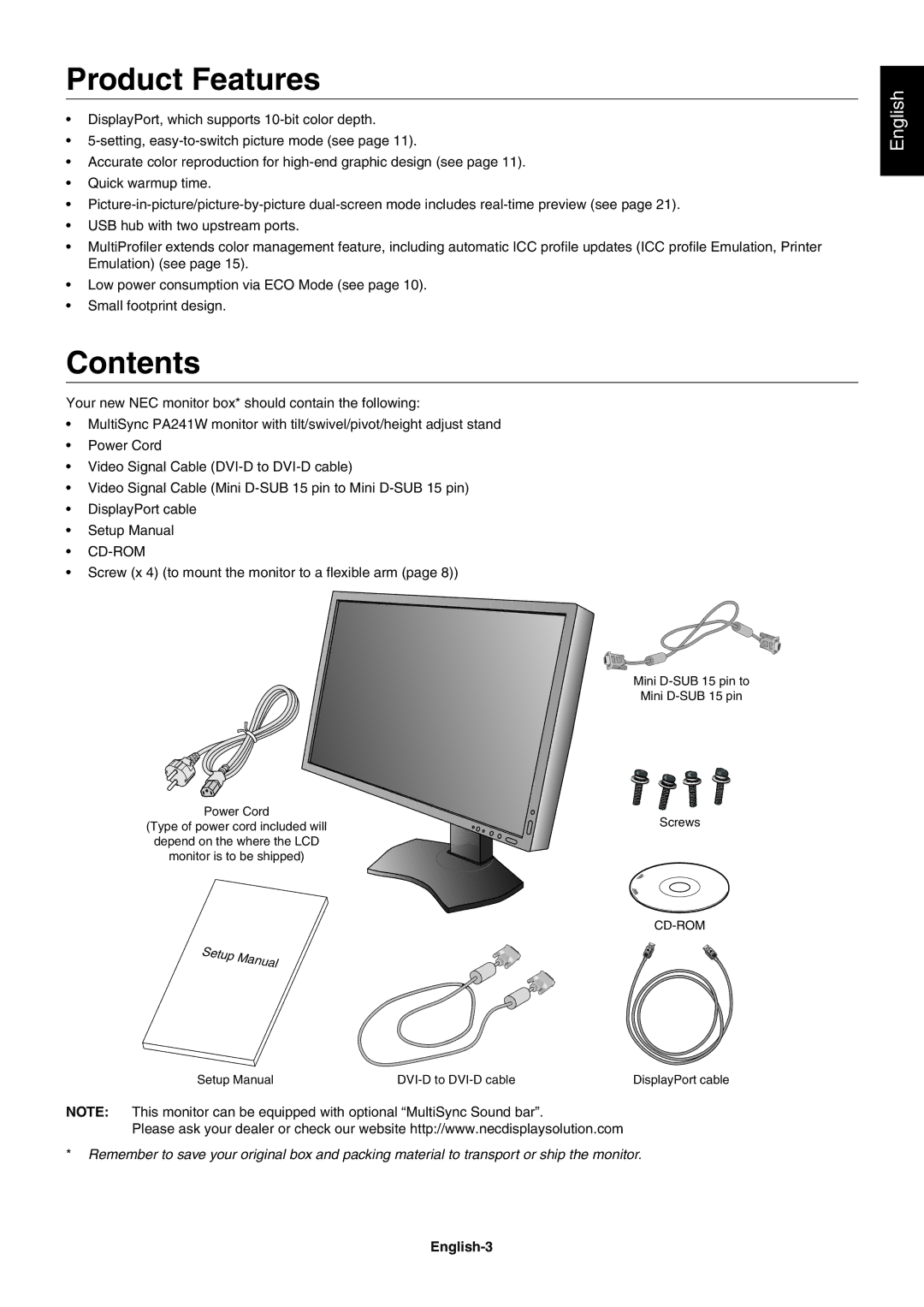 NEC PA241W user manual Product Features, Contents 