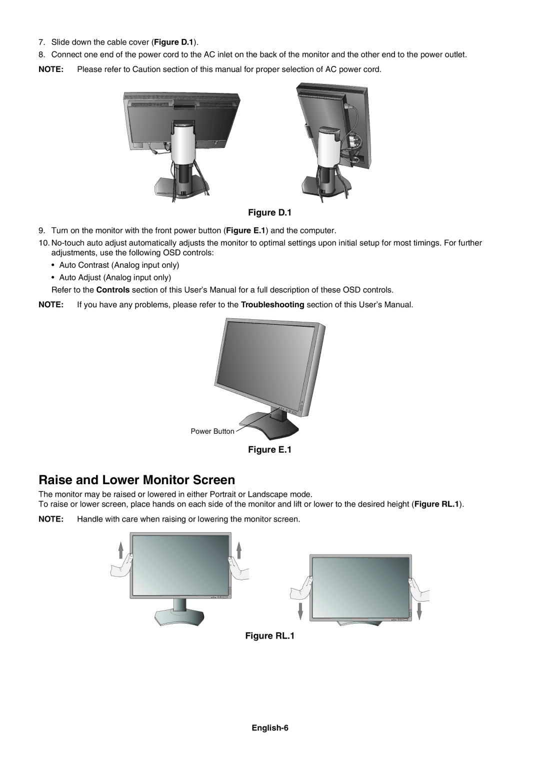 NEC PA241W user manual Raise and Lower Monitor Screen, English-6 