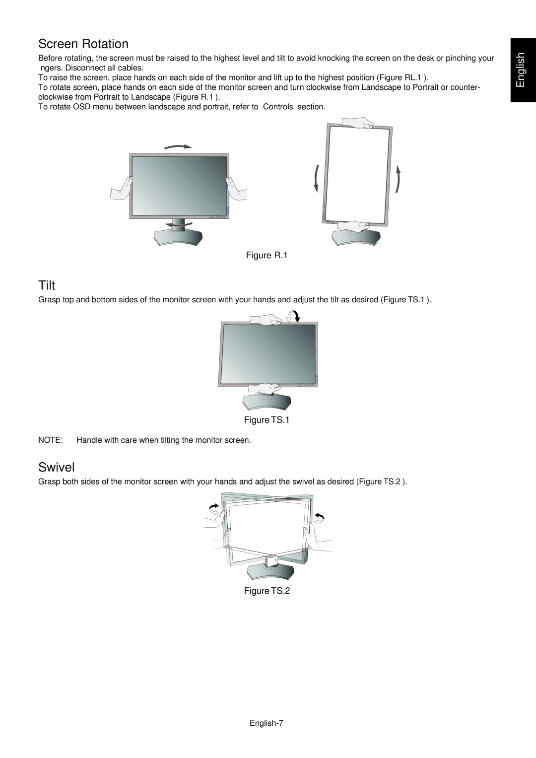 NEC PA241W user manual Screen Rotation, Tilt, Swivel, English-7 