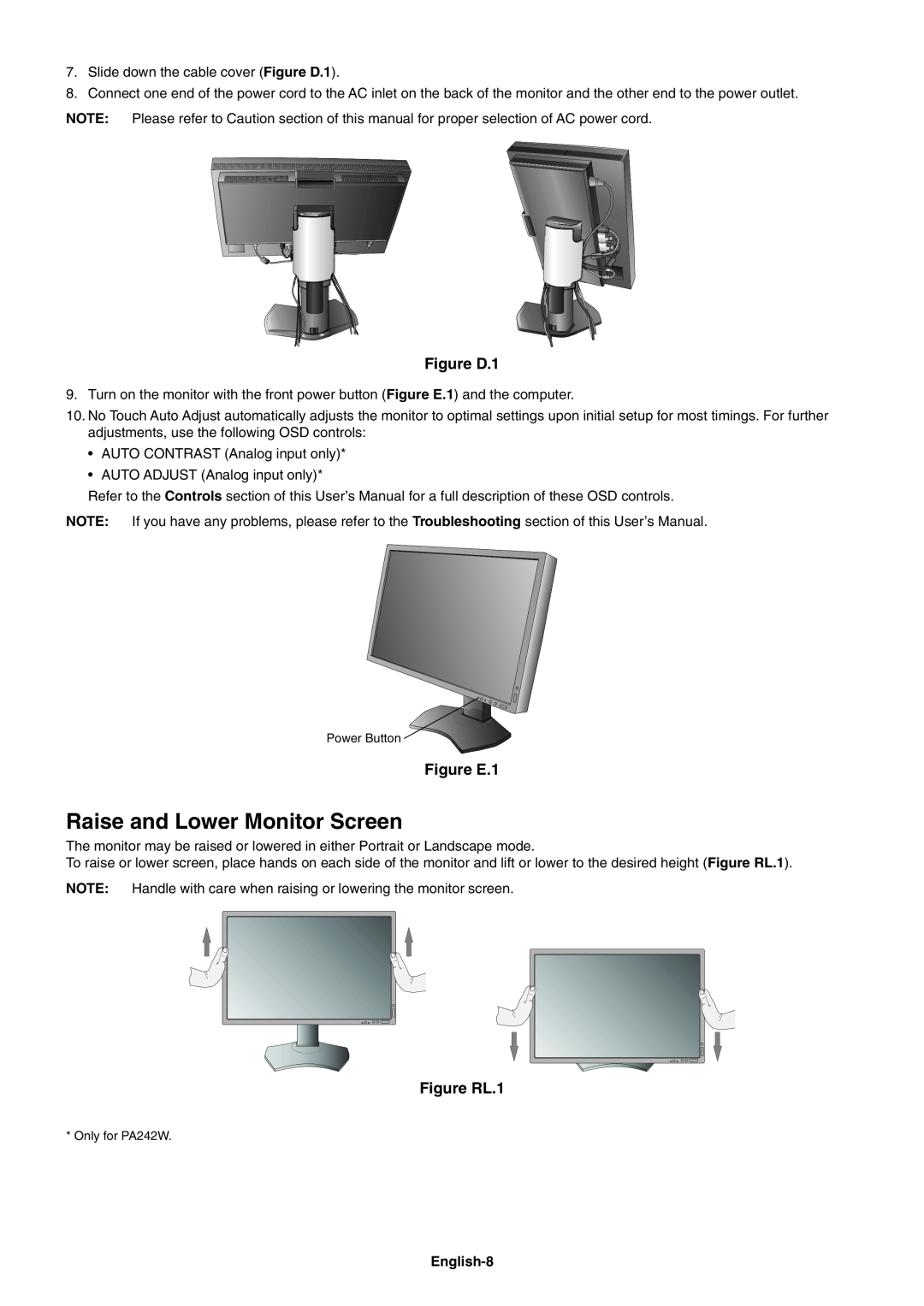 NEC PA242W user manual Raise and Lower Monitor Screen, Figure D.1, Figure E.1, Figure RL.1, English-8 