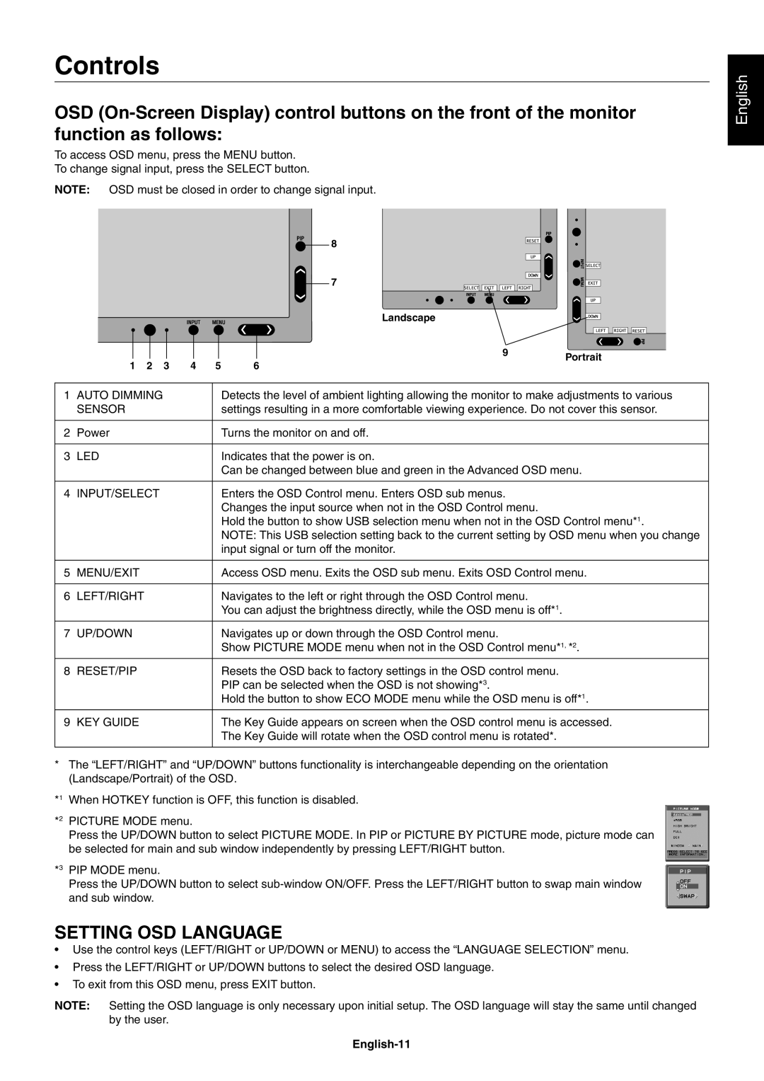NEC PA242W user manual Controls, Setting Osd Language, English-11 