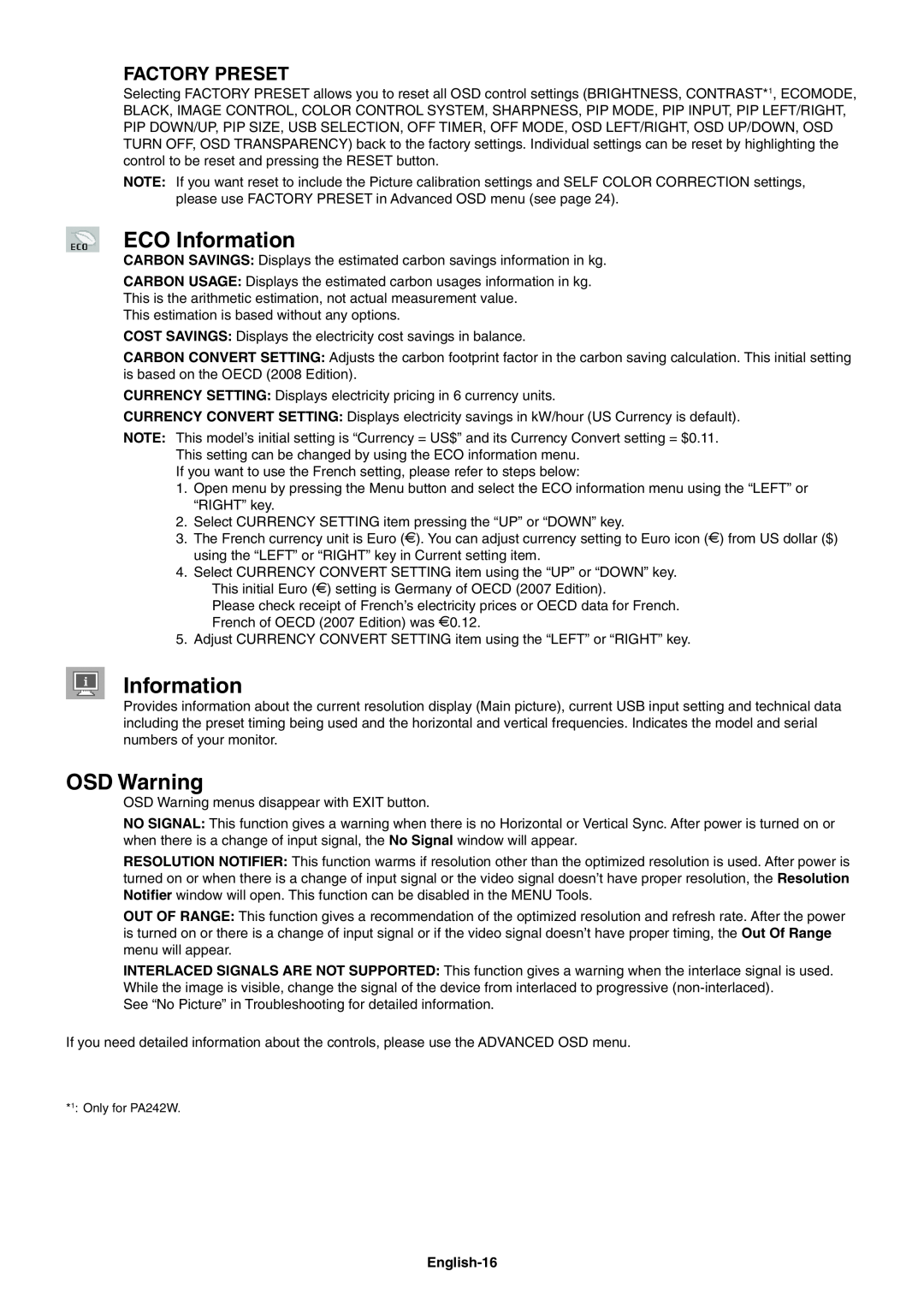 NEC PA242W user manual ECO Information, OSD Warning, Factory Preset, English-16 