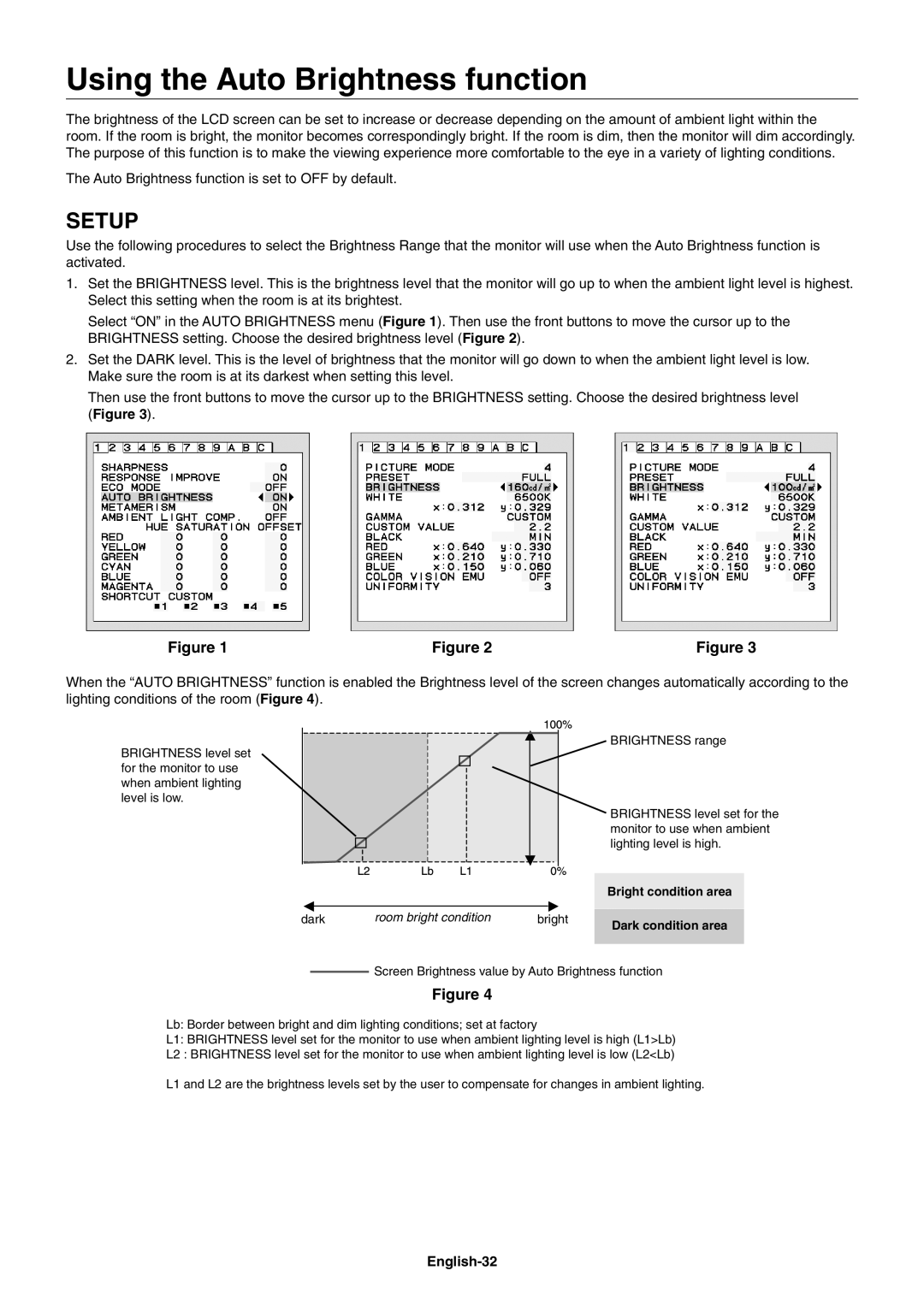 NEC PA242W user manual Using the Auto Brightness function, Setup, English-32 