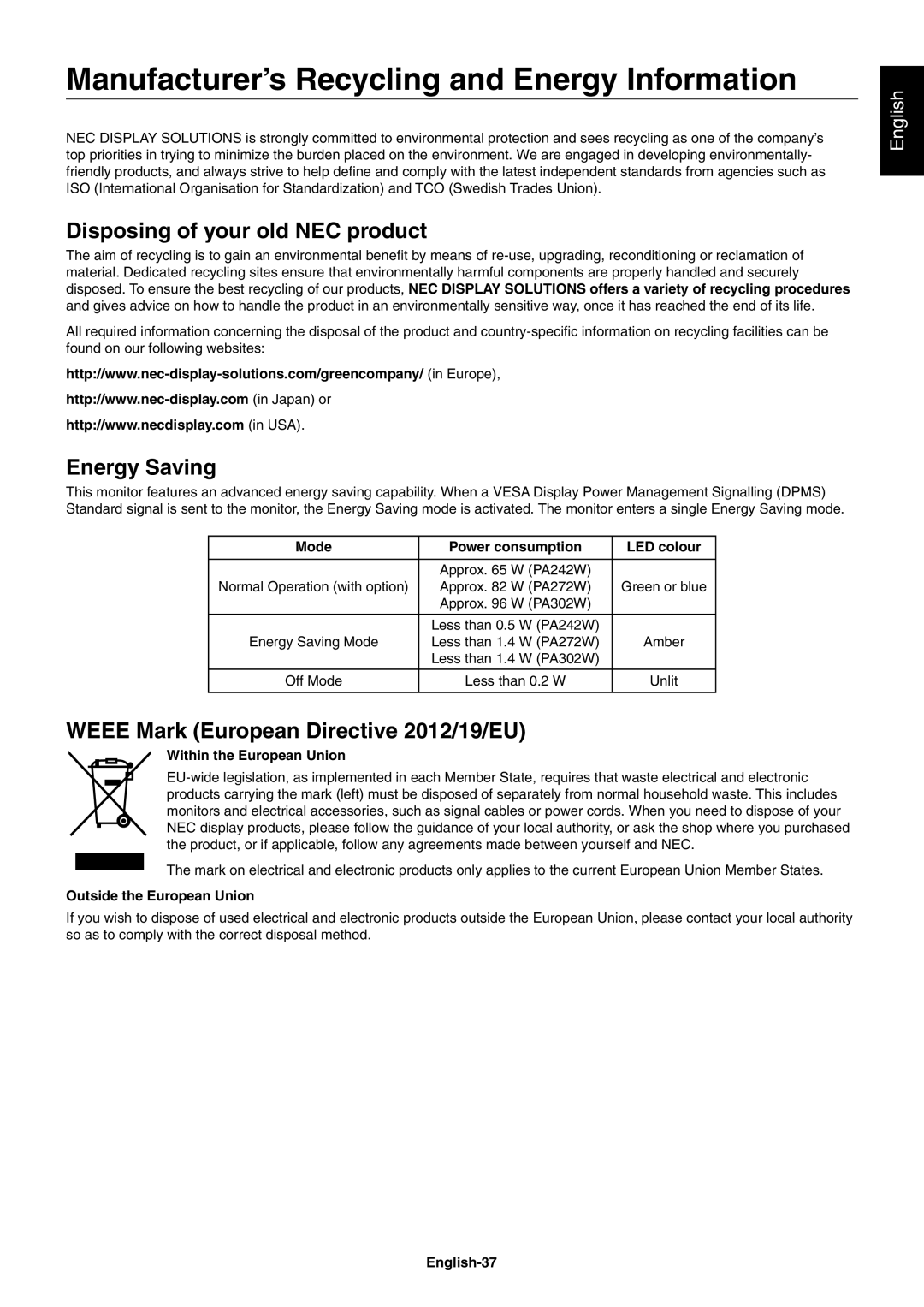 NEC PA242W Manufacturer’s Recycling and Energy Information, Disposing of your old NEC product, Energy Saving, English 