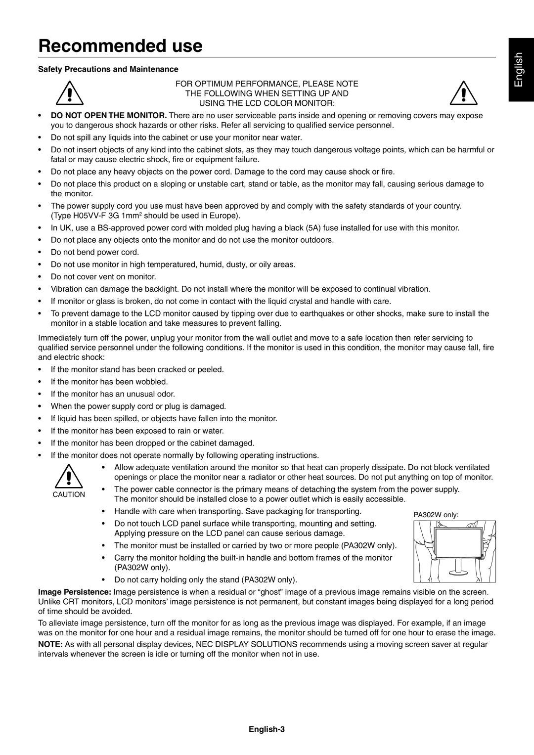NEC PA242W user manual Recommended use, Safety Precautions and Maintenance, English-3 