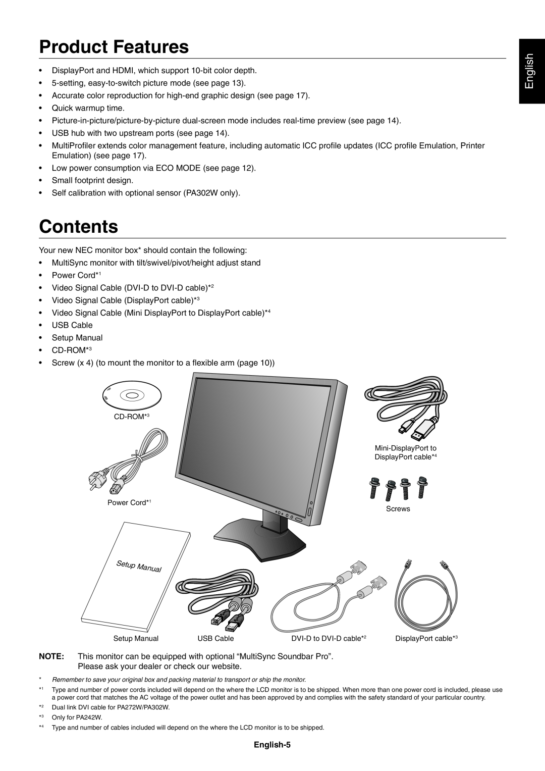 NEC PA242W user manual Product Features, Contents, English-5 