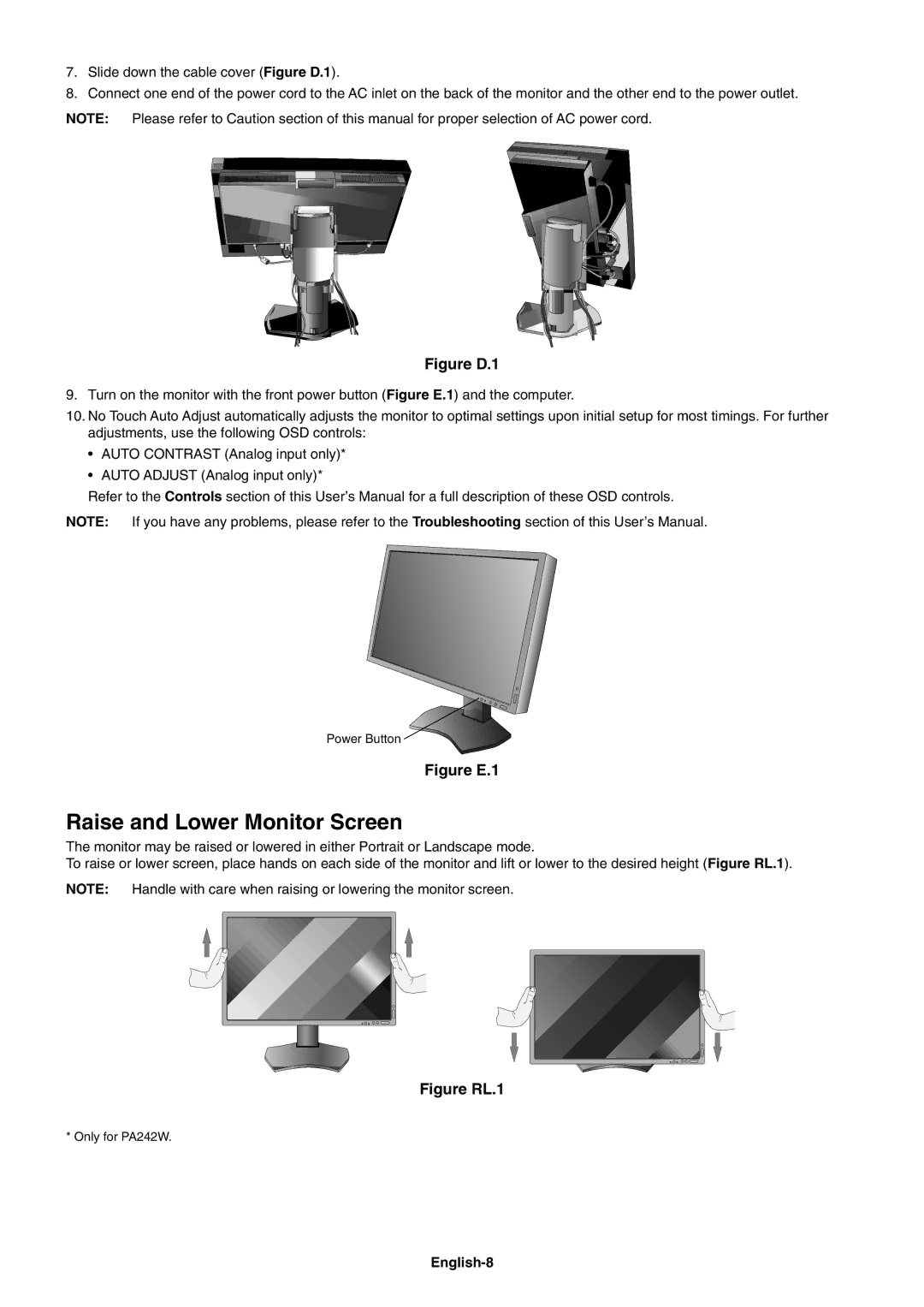 NEC PA242W user manual Raise and Lower Monitor Screen, English-8 