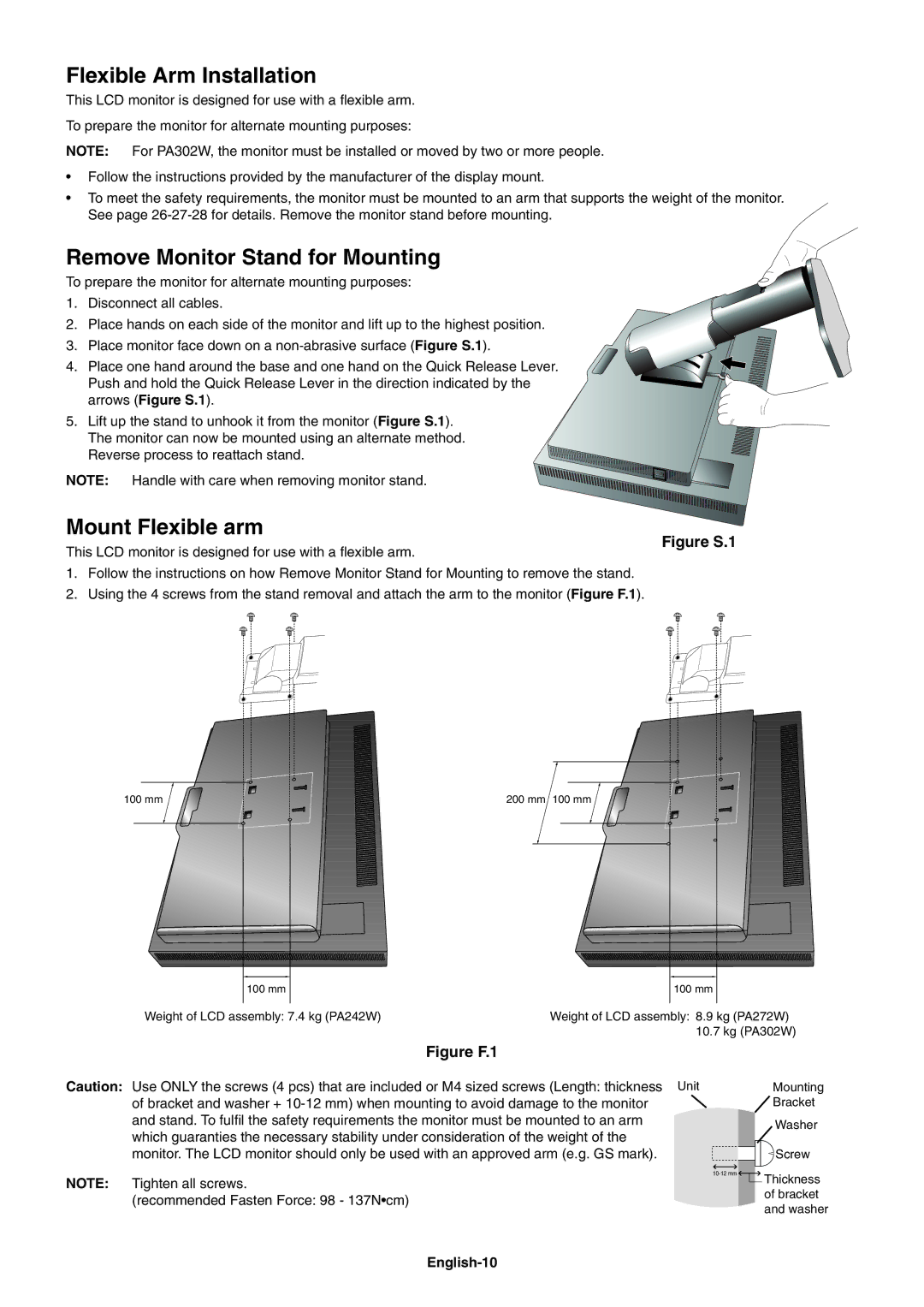 NEC PA242W user manual Flexible Arm Installation, Remove Monitor Stand for Mounting, Mount Flexible arm, English-10 