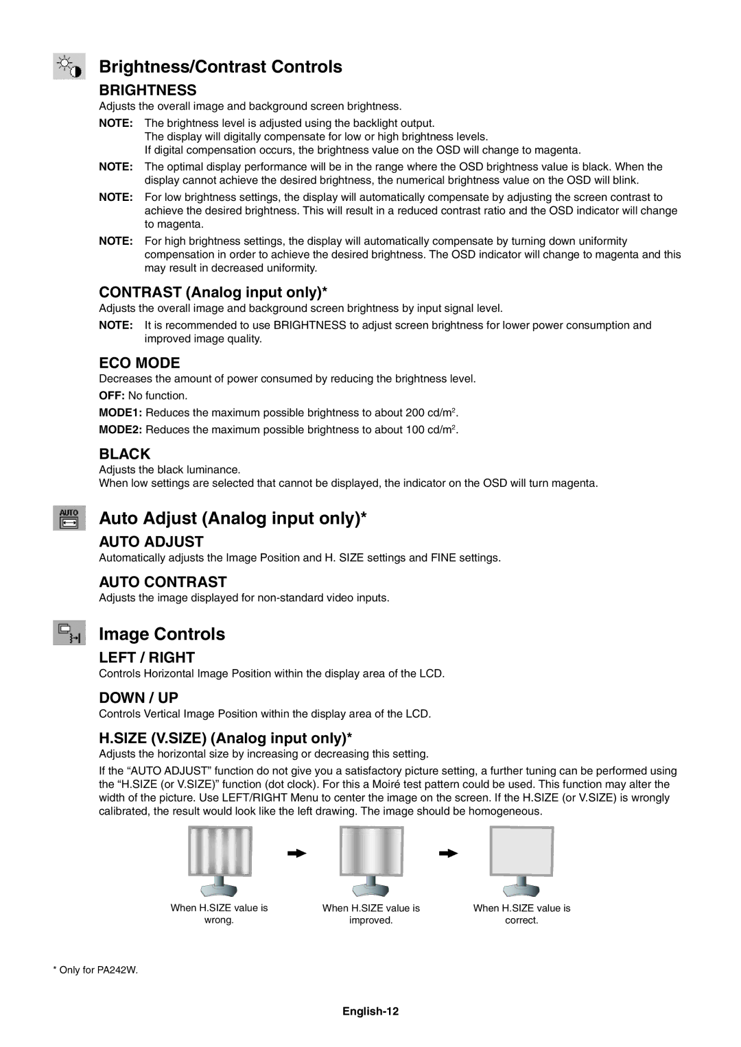 NEC PA242W user manual Brightness/Contrast Controls, Auto Adjust Analog input only, Image Controls, English-12 