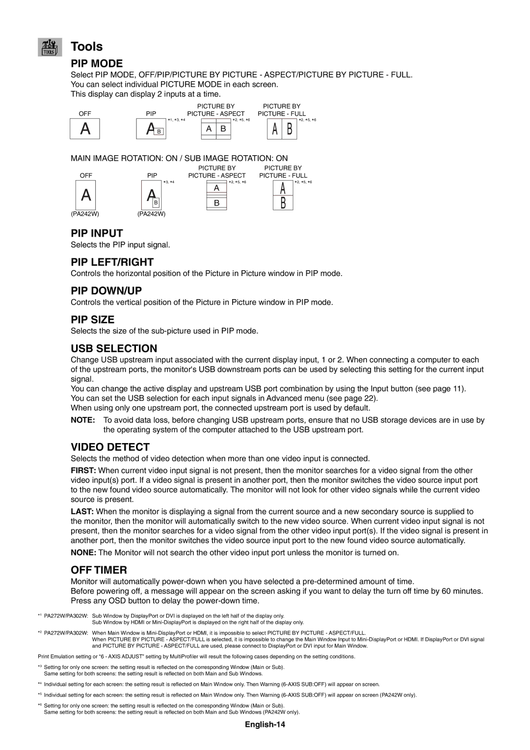 NEC PA242W user manual Tools, Main Image Rotation on / SUB Image Rotation on, English-14 