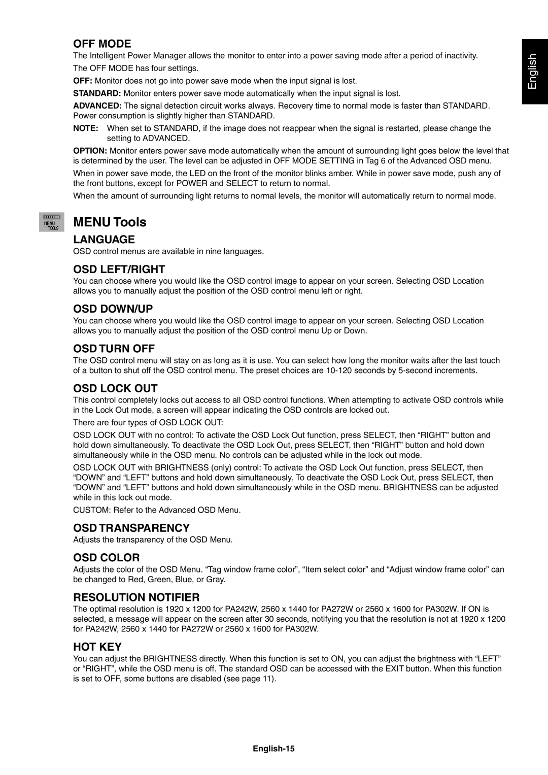 NEC PA242W user manual Menu Tools, English-15 