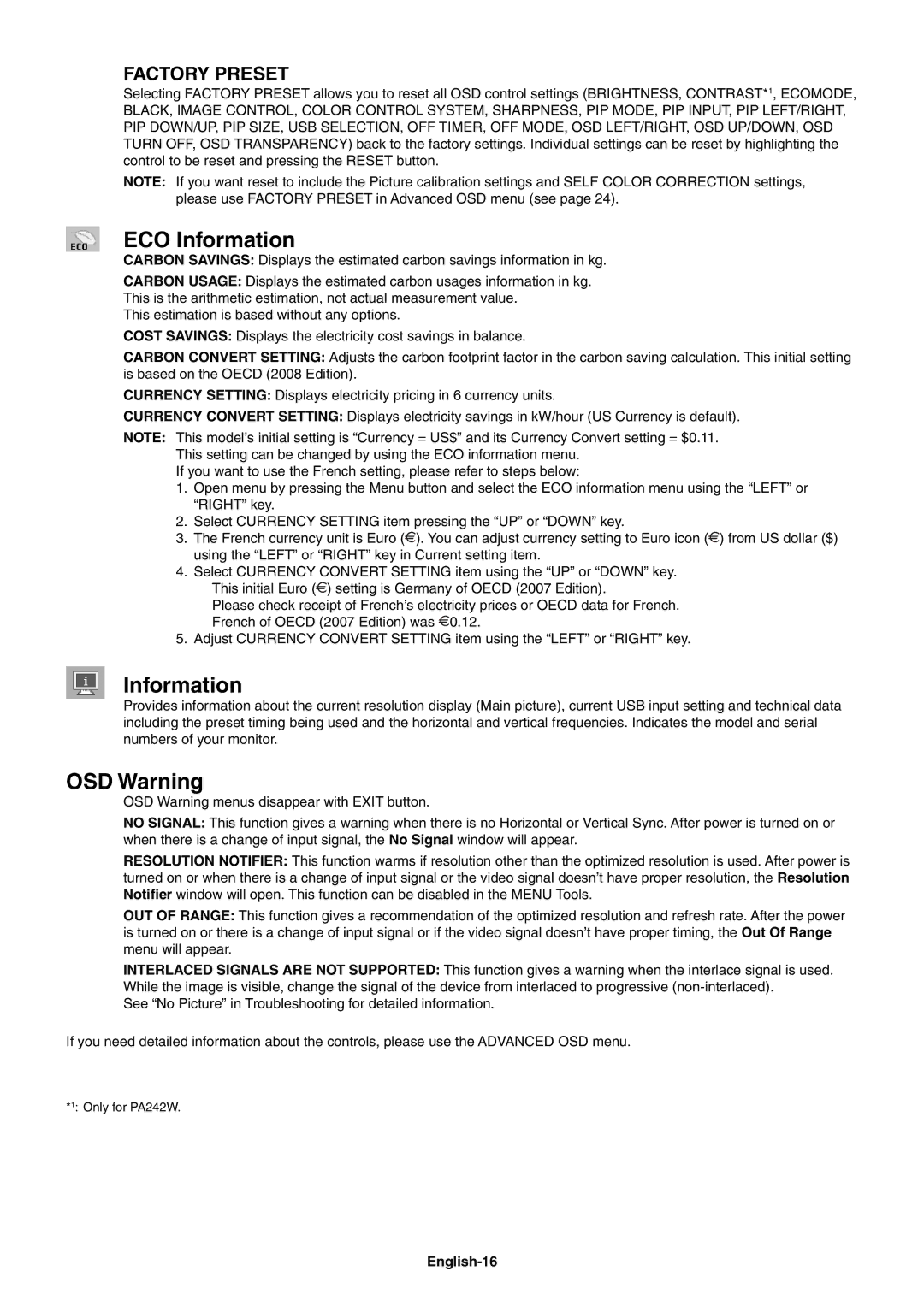 NEC PA242W user manual ECO Information, OSD Warning, English-16 