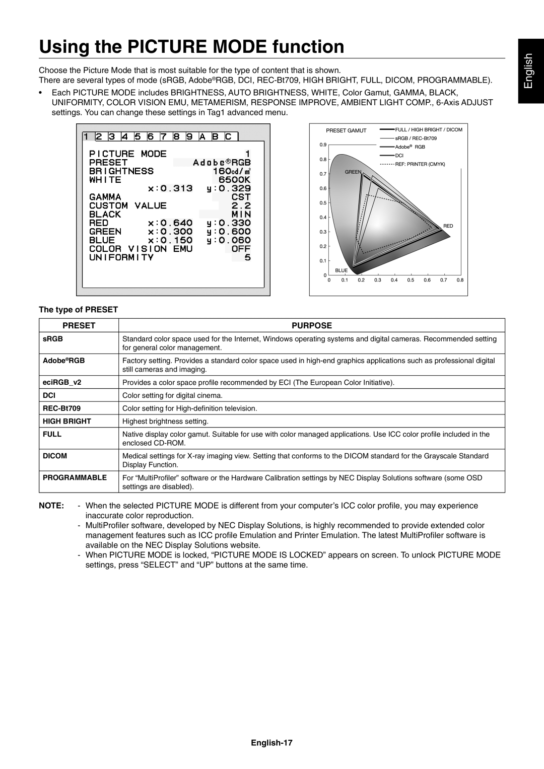 NEC PA242W user manual Using the Picture Mode function, Type of Preset, English-17 