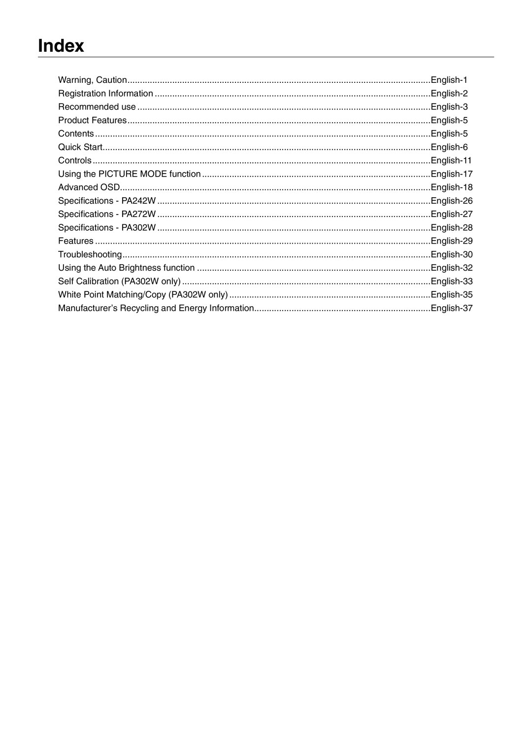 NEC PA242W user manual Index, English-37 