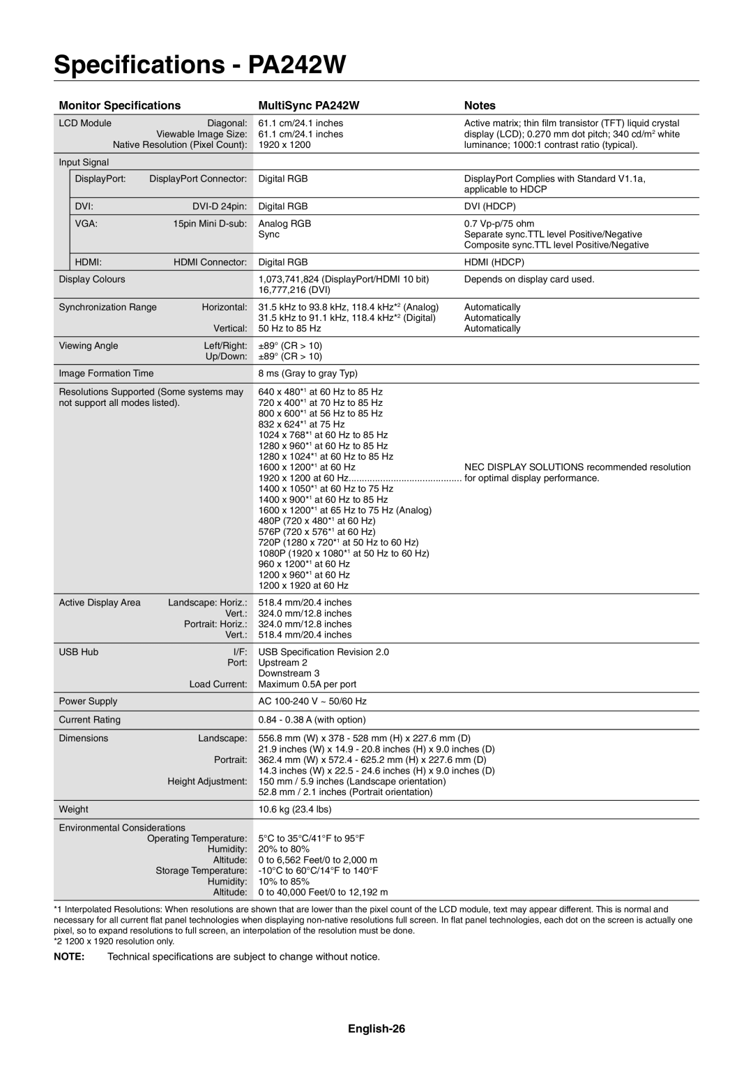 NEC user manual Speciﬁcations PA242W, Monitor Speciﬁcations MultiSync PA242W, English-26 