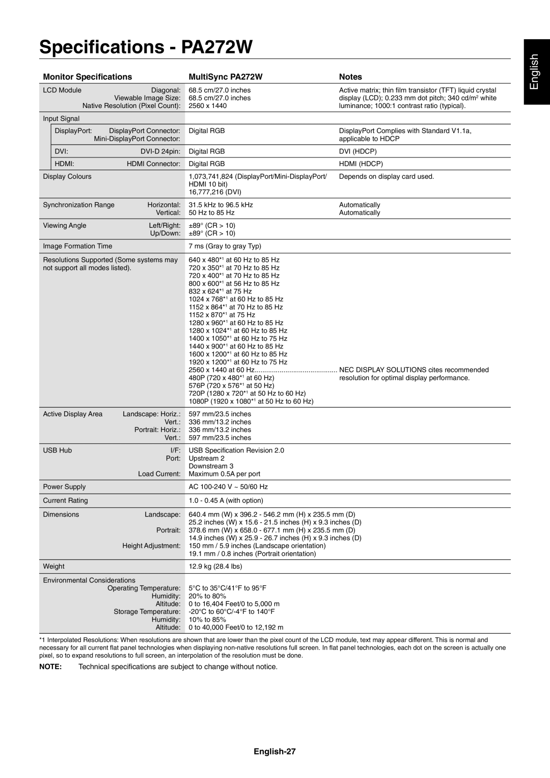 NEC PA242W user manual Speciﬁcations PA272W, Monitor Speciﬁcations MultiSync PA272W, English-27 