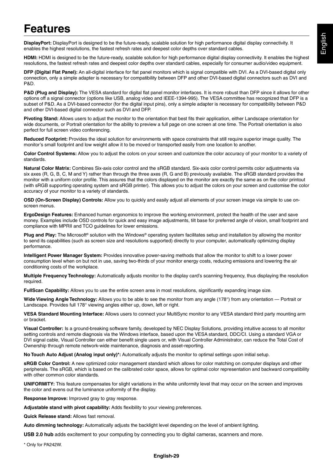 NEC PA242W user manual Features, English-29 