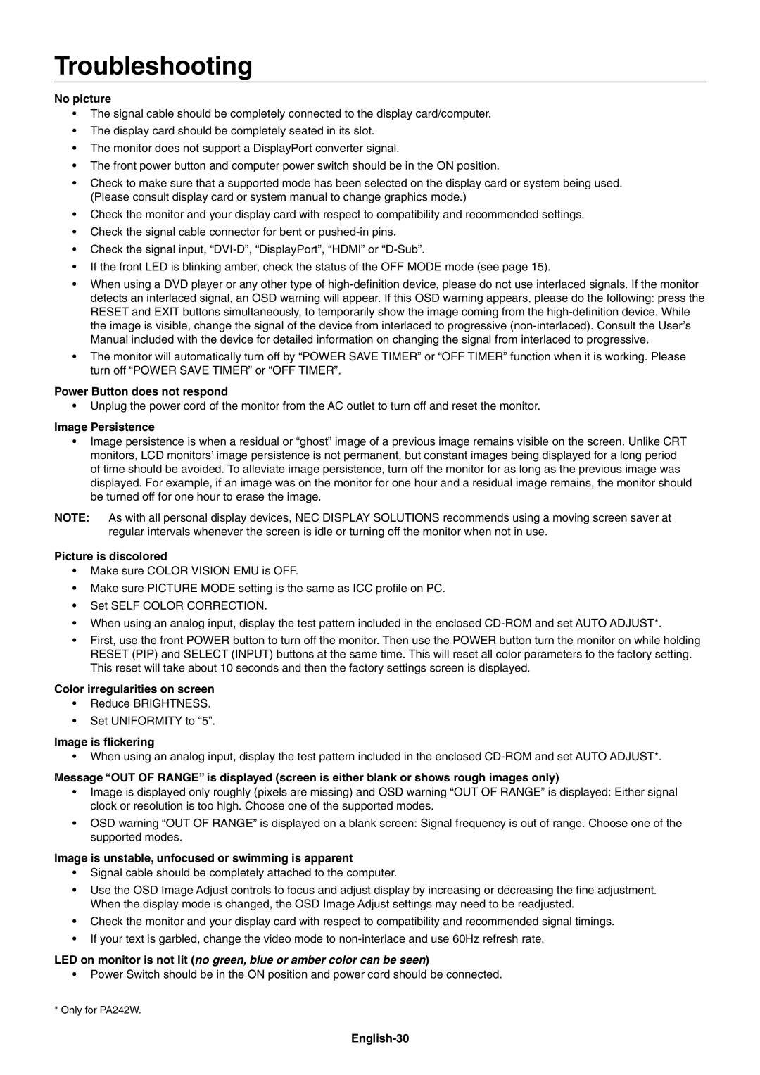 NEC PA242W user manual Troubleshooting 